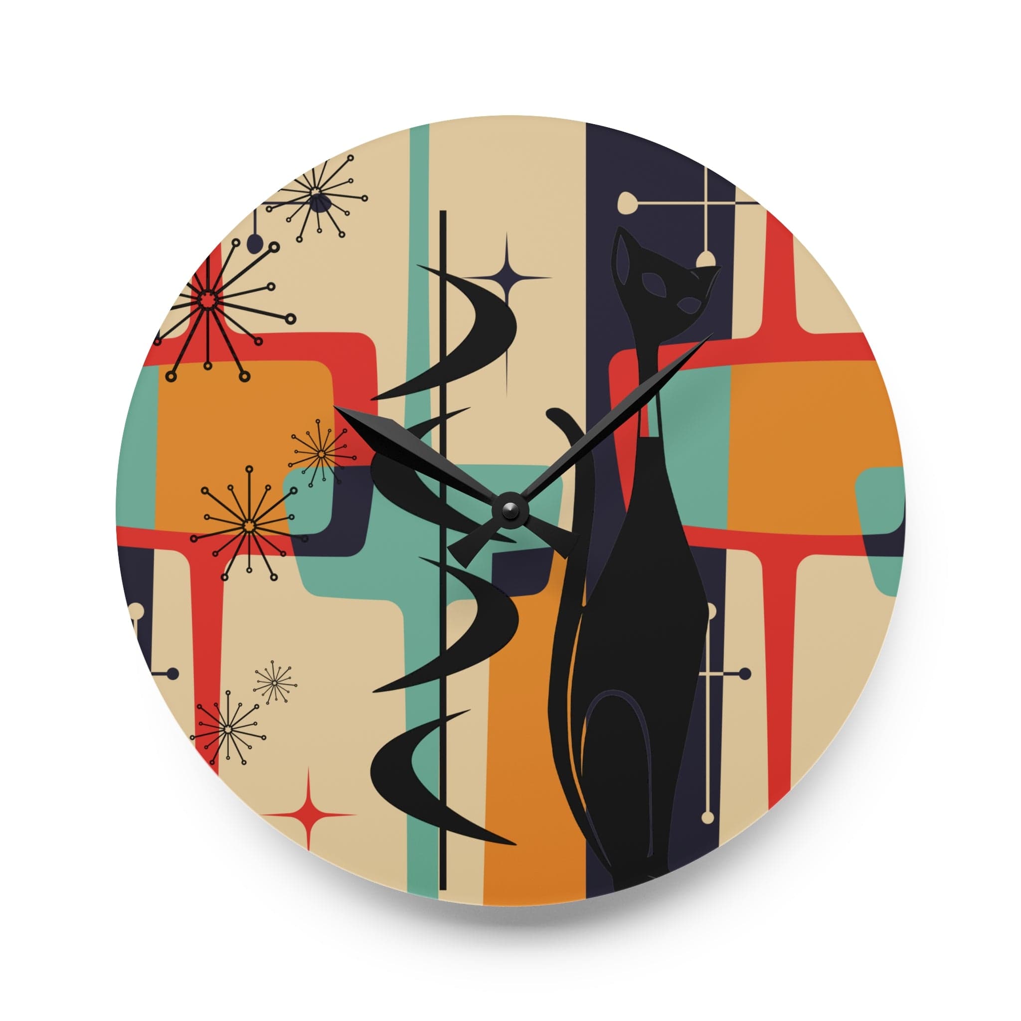 Atomic Cat, Mid Century Modern Geometric Beige, Gray, Burnt Orange, Retro Acrylic Wall Clock Home Decor