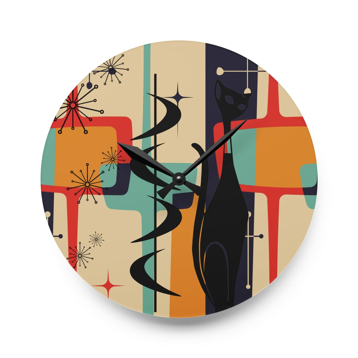 Atomic Cat, Mid Century Modern Geometric Beige, Gray, Burnt Orange, Retro Acrylic Wall Clock Home Decor