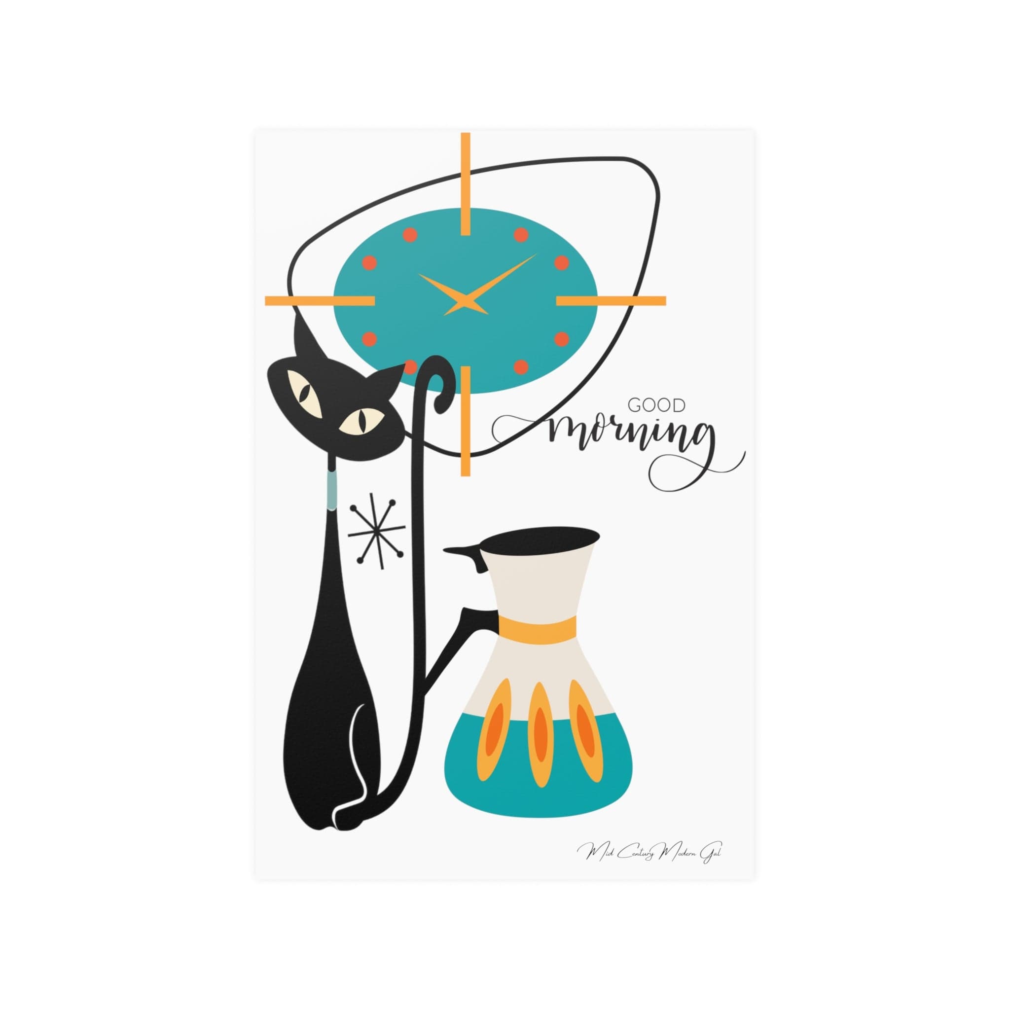 Atomic Cat, Mid Century Modern Kitchen Art, Atomic Clock, Good Morning, Kitchen Coffee Lover, Cat Momf Retro Satin Posters Poster