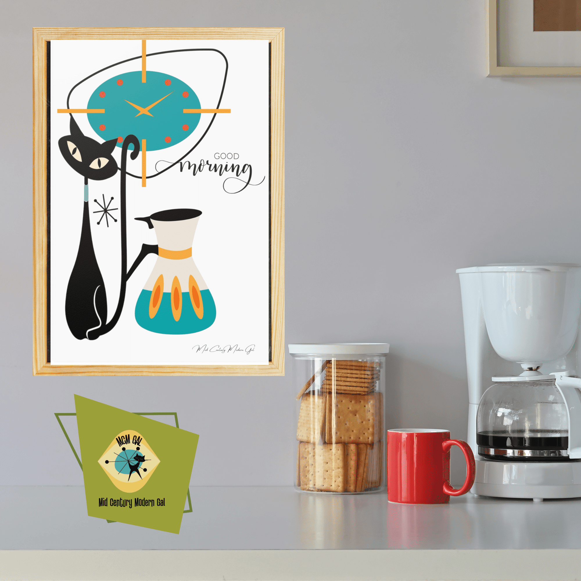 Atomic Cat, Mid Century Modern Kitchen Art, Atomic Clock, Good Morning, Kitchen Coffee Lover, Cat Momf Retro Satin Posters Poster