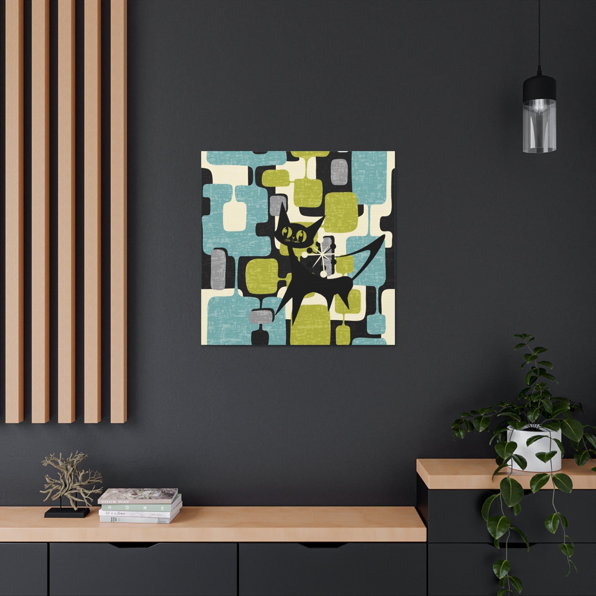 Atomic Cat, Mid Century Modern Wall Art, Geometric, Gray, Teal, Green, Beige MCM Canvas Art Canvas