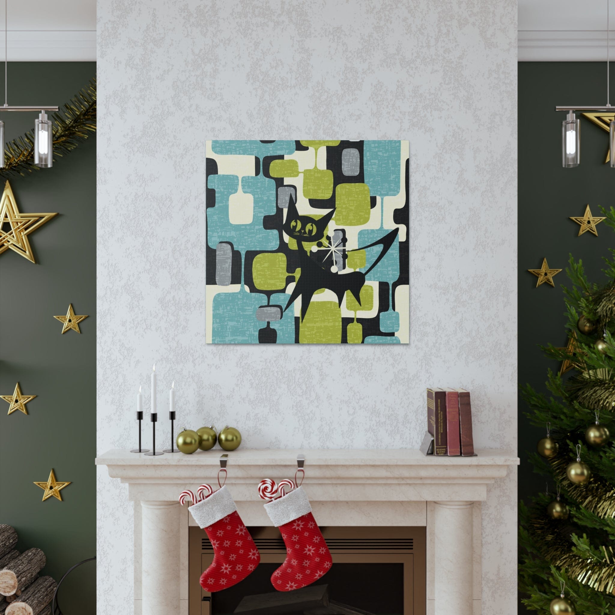 Atomic Cat, Mid Century Modern Wall Art, Geometric, Gray, Teal, Green, Beige MCM Canvas Art Canvas
