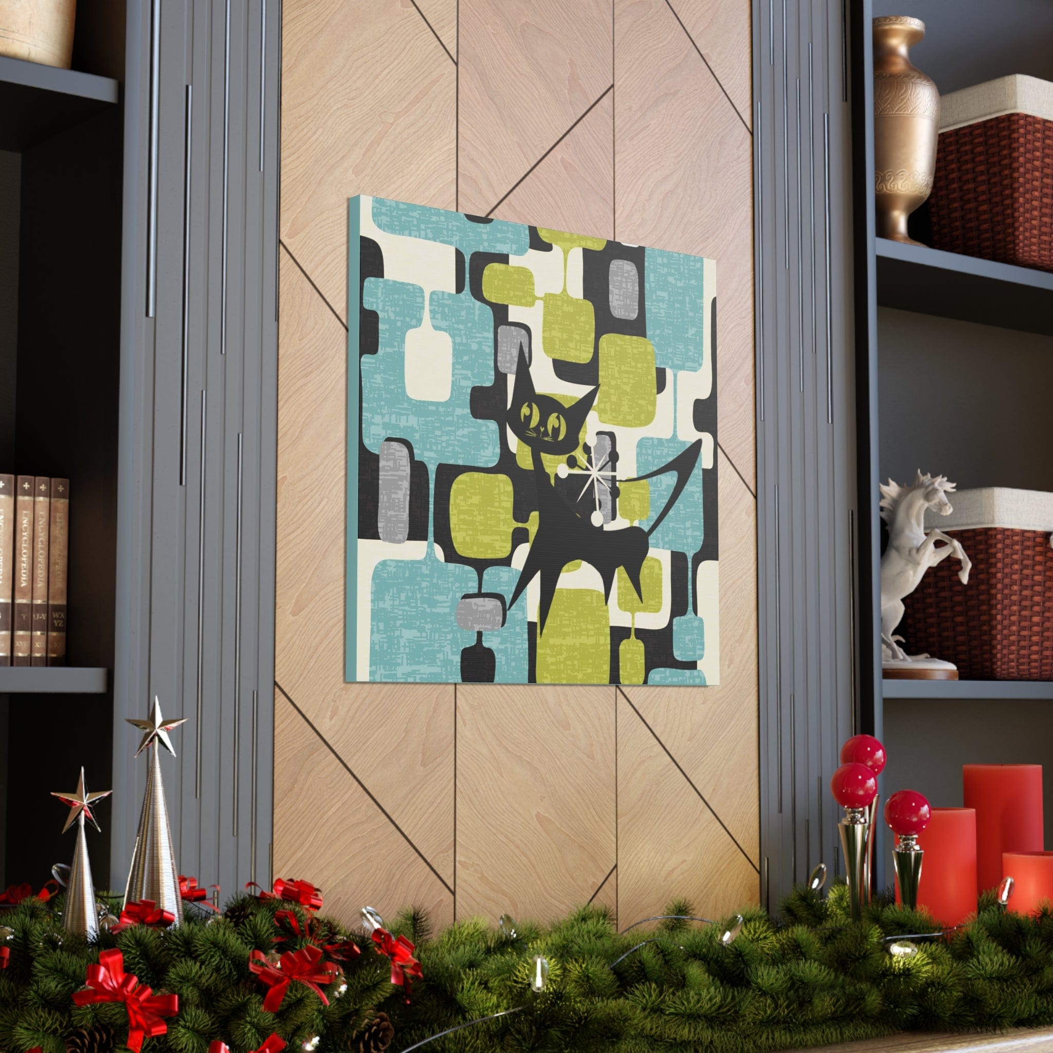 Atomic Cat, Mid Century Modern Wall Art, Geometric, Gray, Teal, Green, Beige MCM Canvas Art Canvas