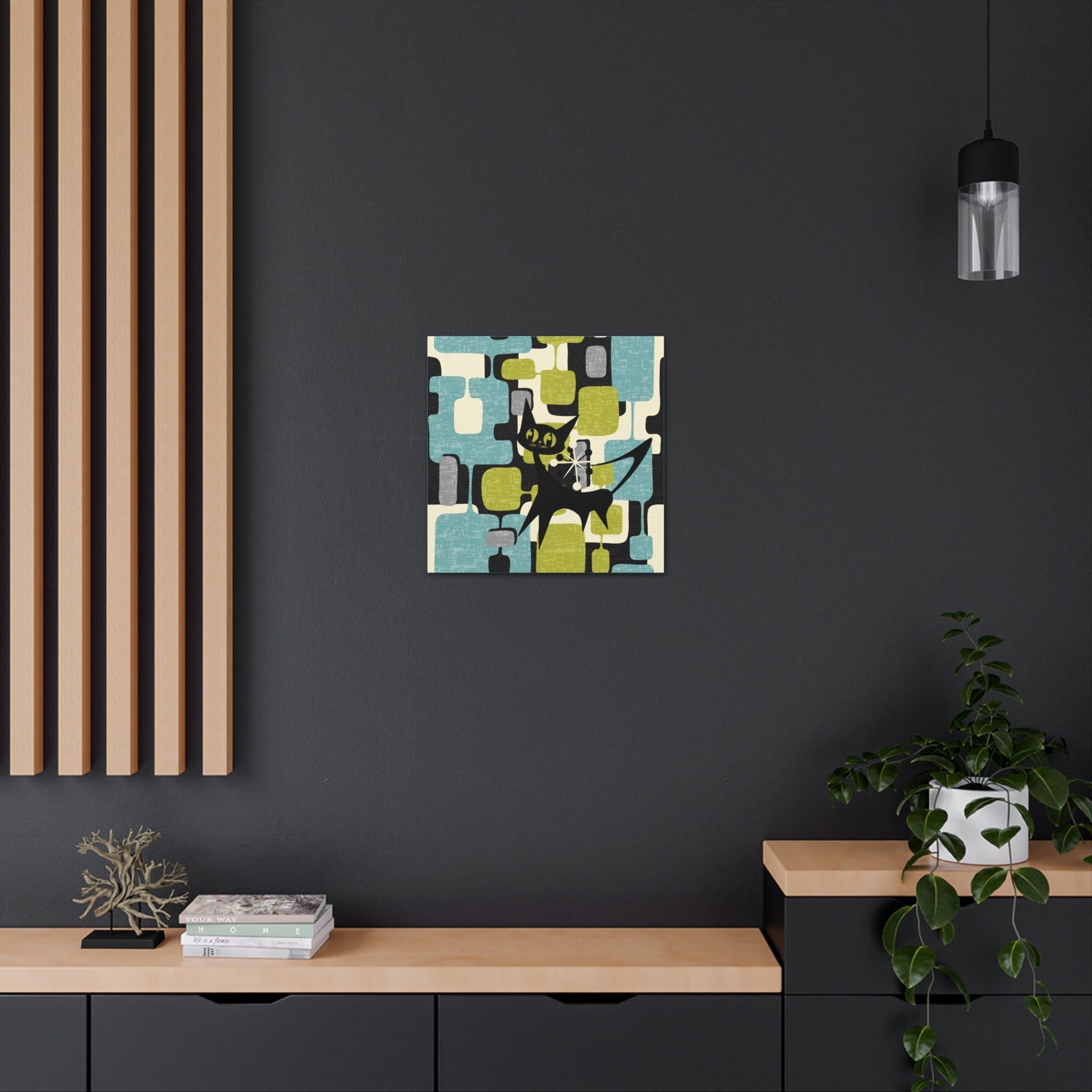Atomic Cat, Mid Century Modern Wall Art, Geometric, Gray, Teal, Green, Beige MCM Canvas Art Canvas