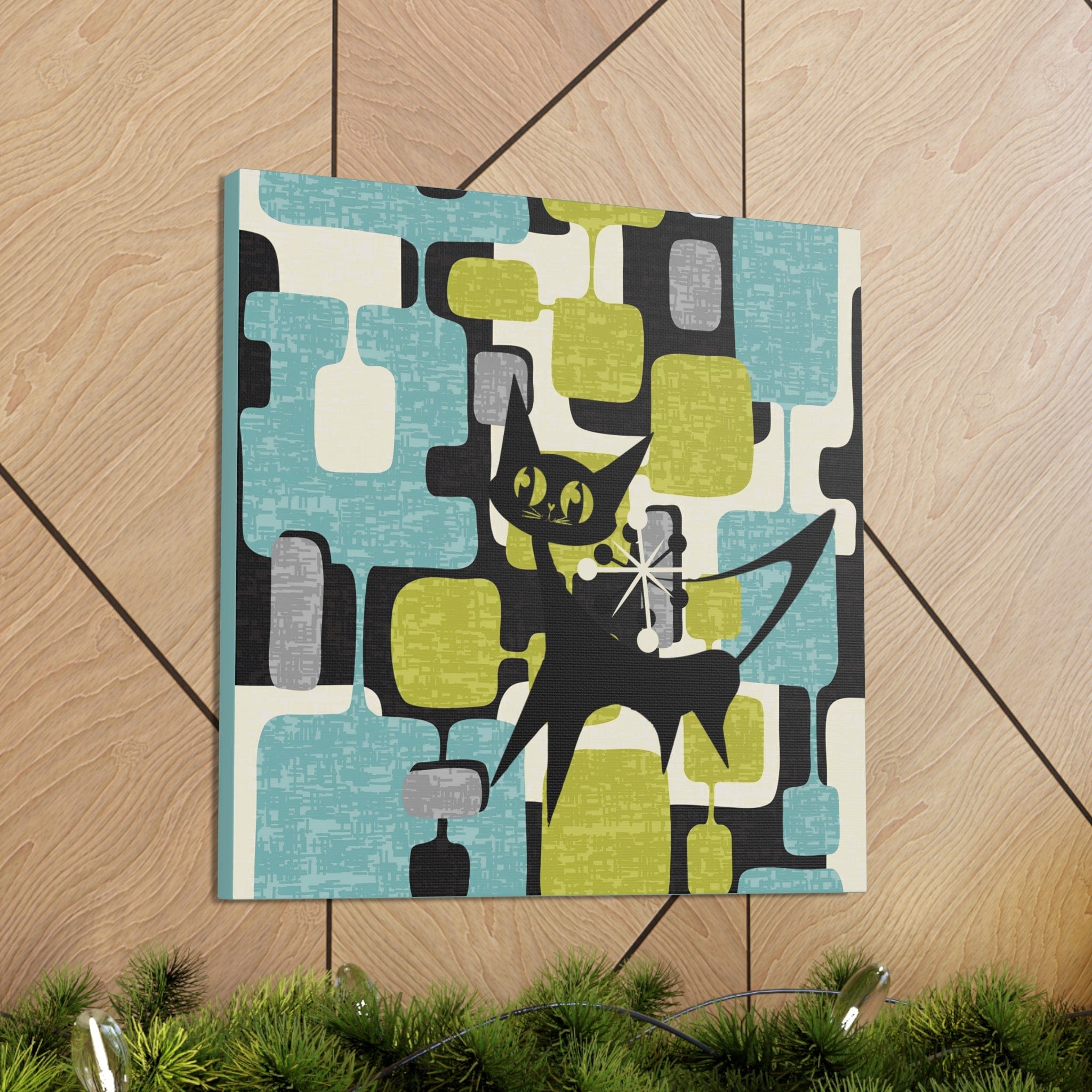 Atomic Cat, Mid Century Modern Wall Art, Geometric, Gray, Teal, Green, Beige MCM Canvas Art Canvas
