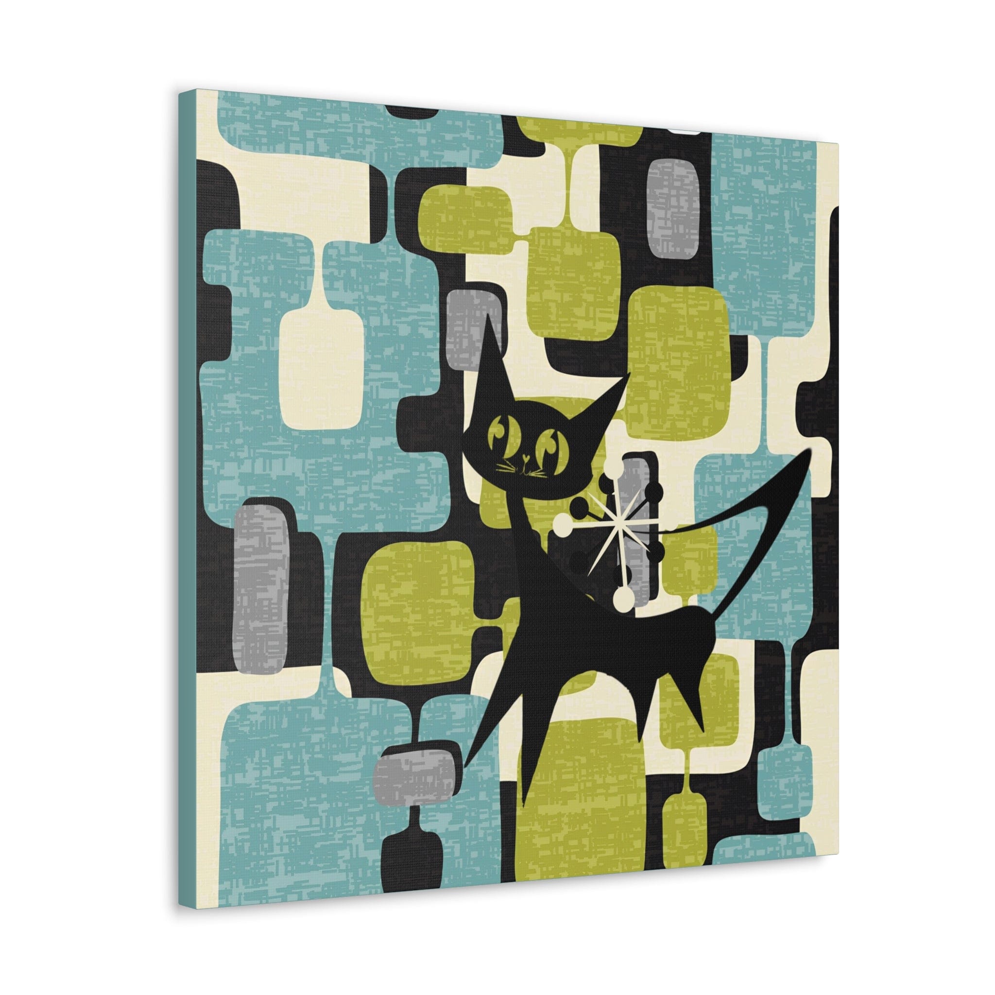 Atomic Cat, Mid Century Modern Wall Art, Geometric, Gray, Teal, Green, Beige MCM Canvas Art Canvas
