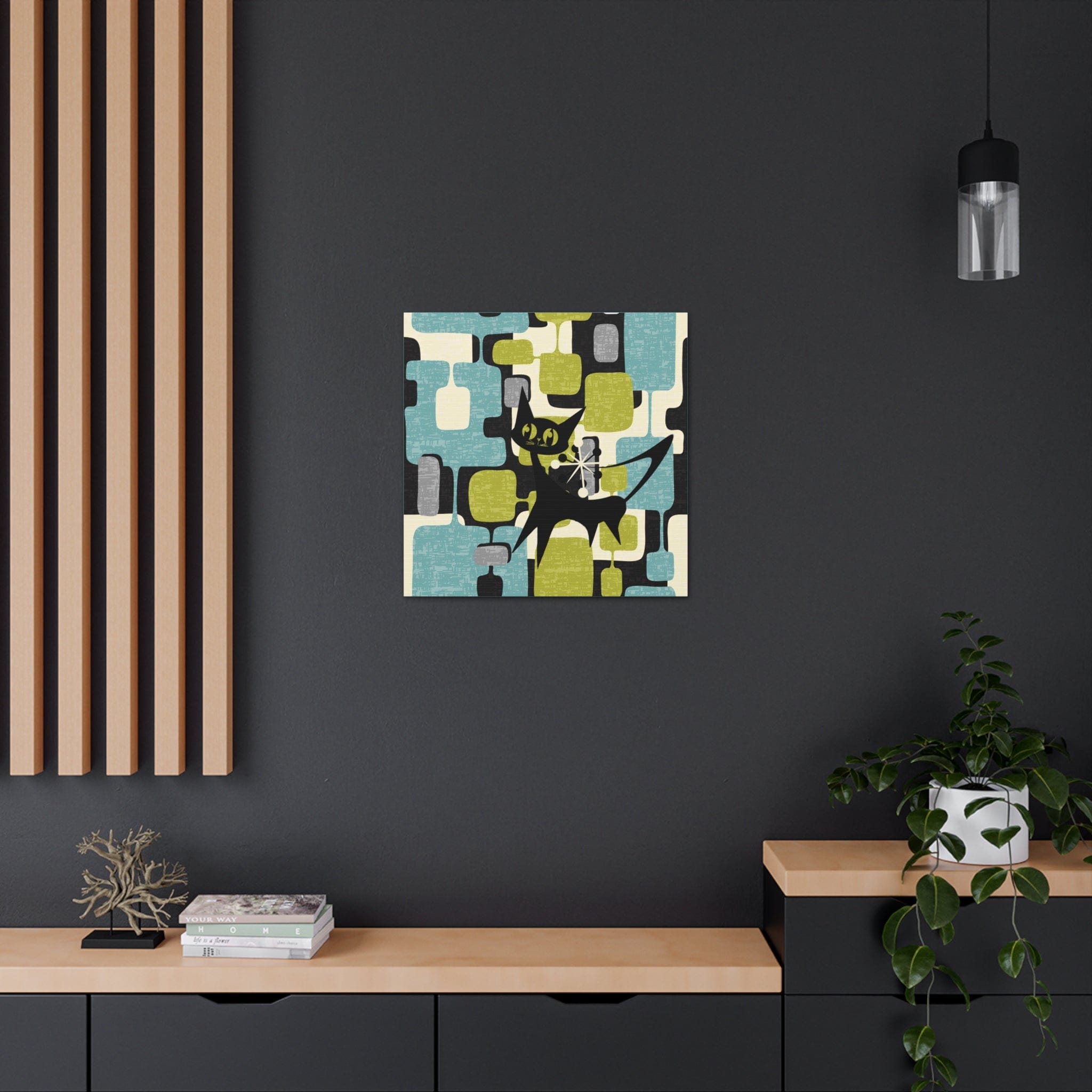 Atomic Cat, Mid Century Modern Wall Art, Geometric, Gray, Teal, Green, Beige MCM Canvas Art Canvas