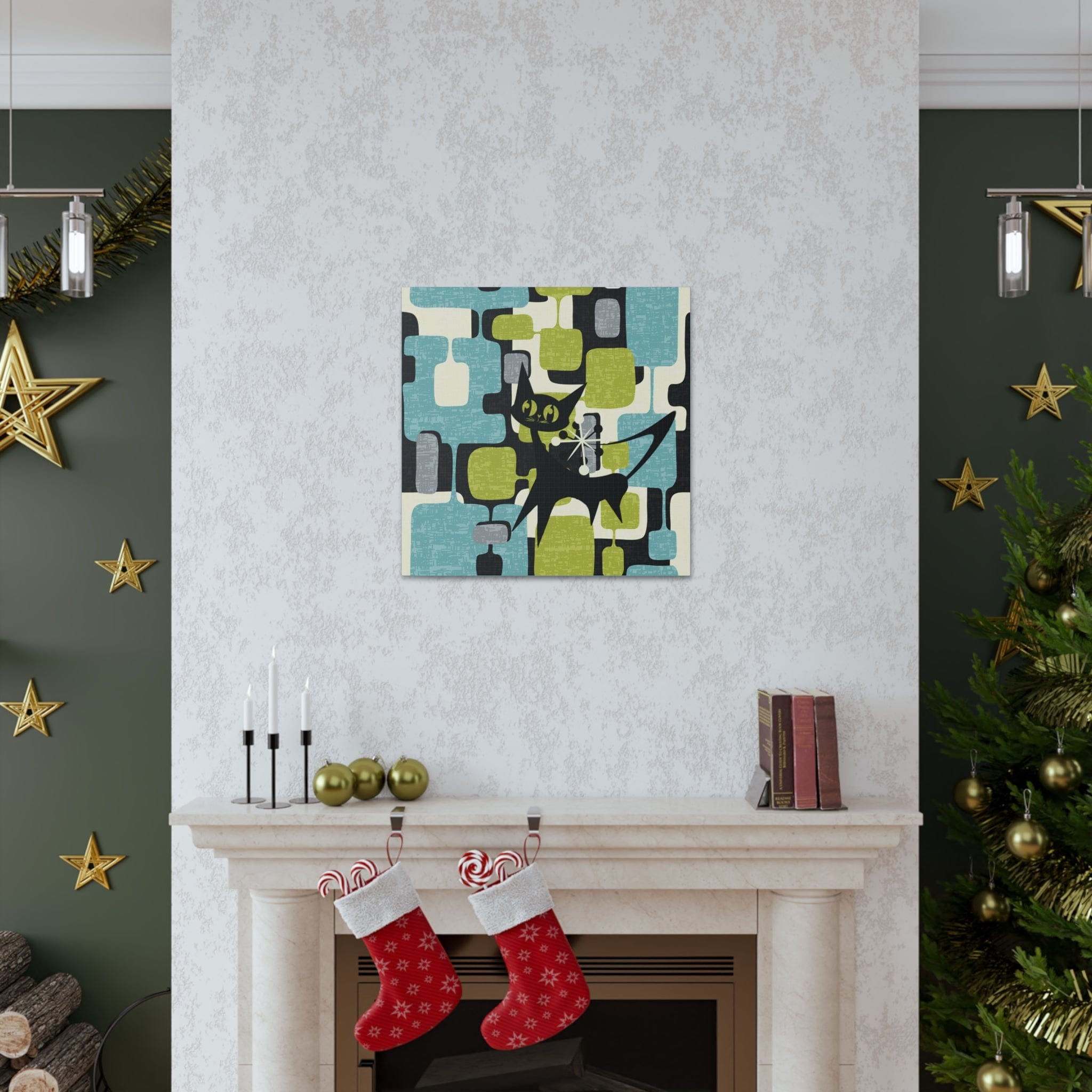 Atomic Cat, Mid Century Modern Wall Art, Geometric, Gray, Teal, Green, Beige MCM Canvas Art Canvas