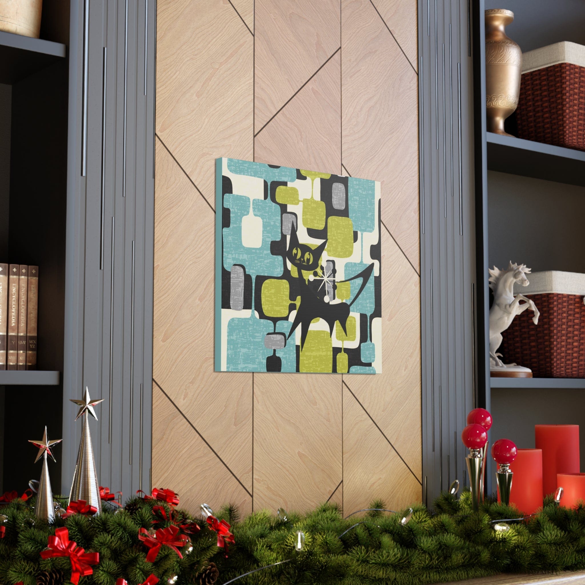 Atomic Cat, Mid Century Modern Wall Art, Geometric, Gray, Teal, Green, Beige MCM Canvas Art Canvas