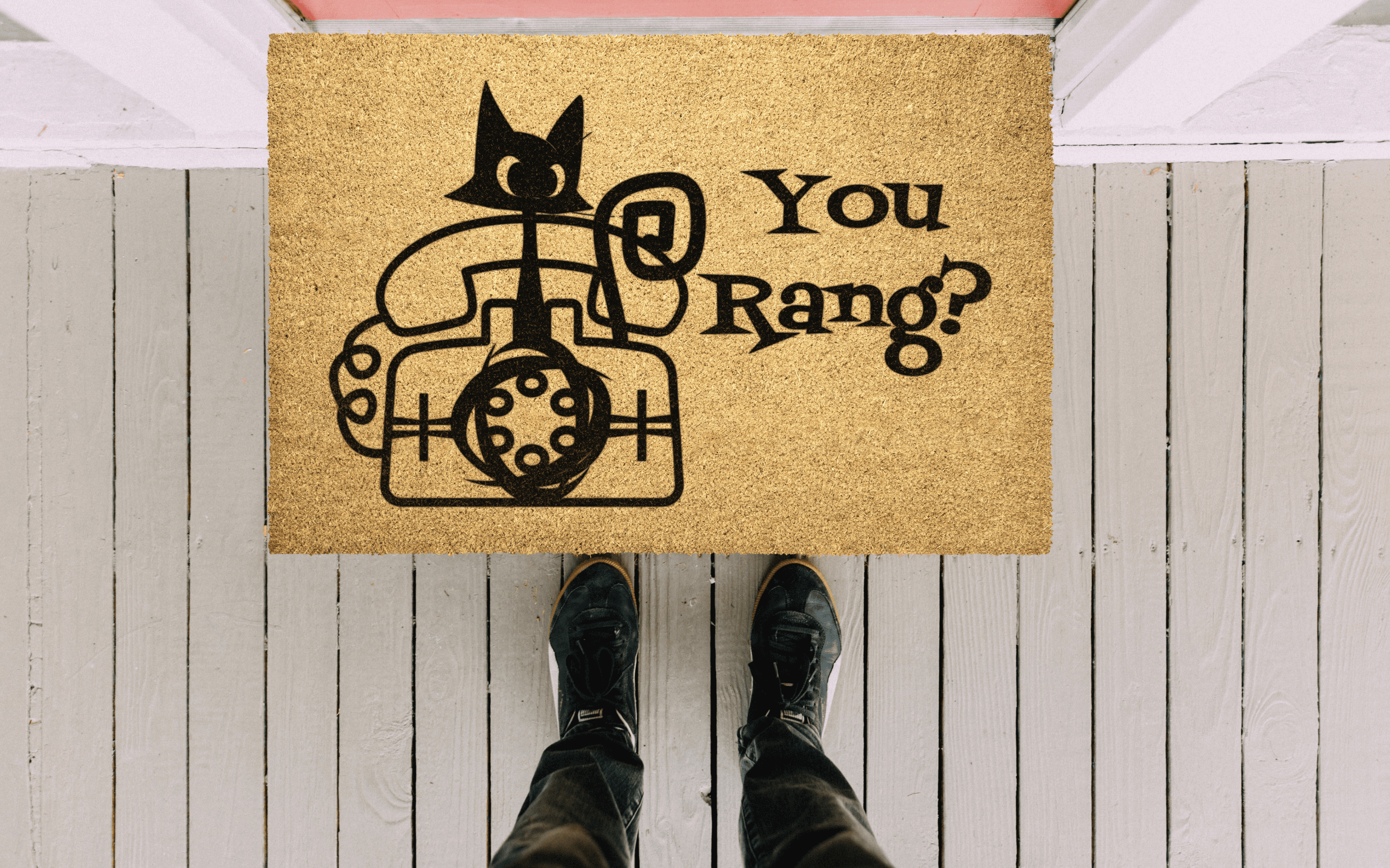Atomic Cat Mid Century Modern Welcome Mat, Funny Quirky, You Rang, Nostalgic Rotary Phone Home Goods