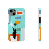 Atomic Cat, Mid Mod, Aqua Blue, Geometric Retro Smart Phone Tough Phone Cases Phone Case Mid Century Modern Gal