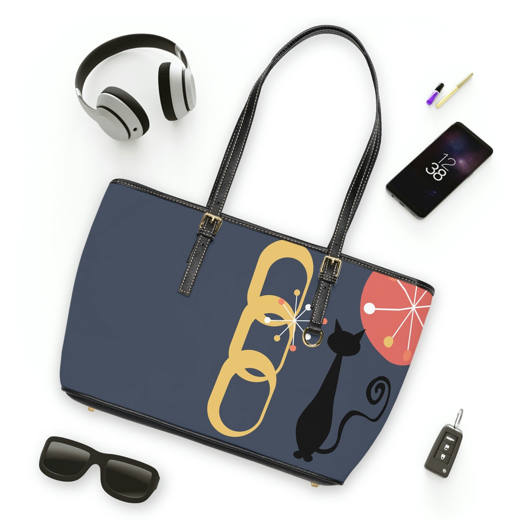 Atomic Cat, Midnight Blue, Mid Century Modern Style Leather Shoulder Bag Bags