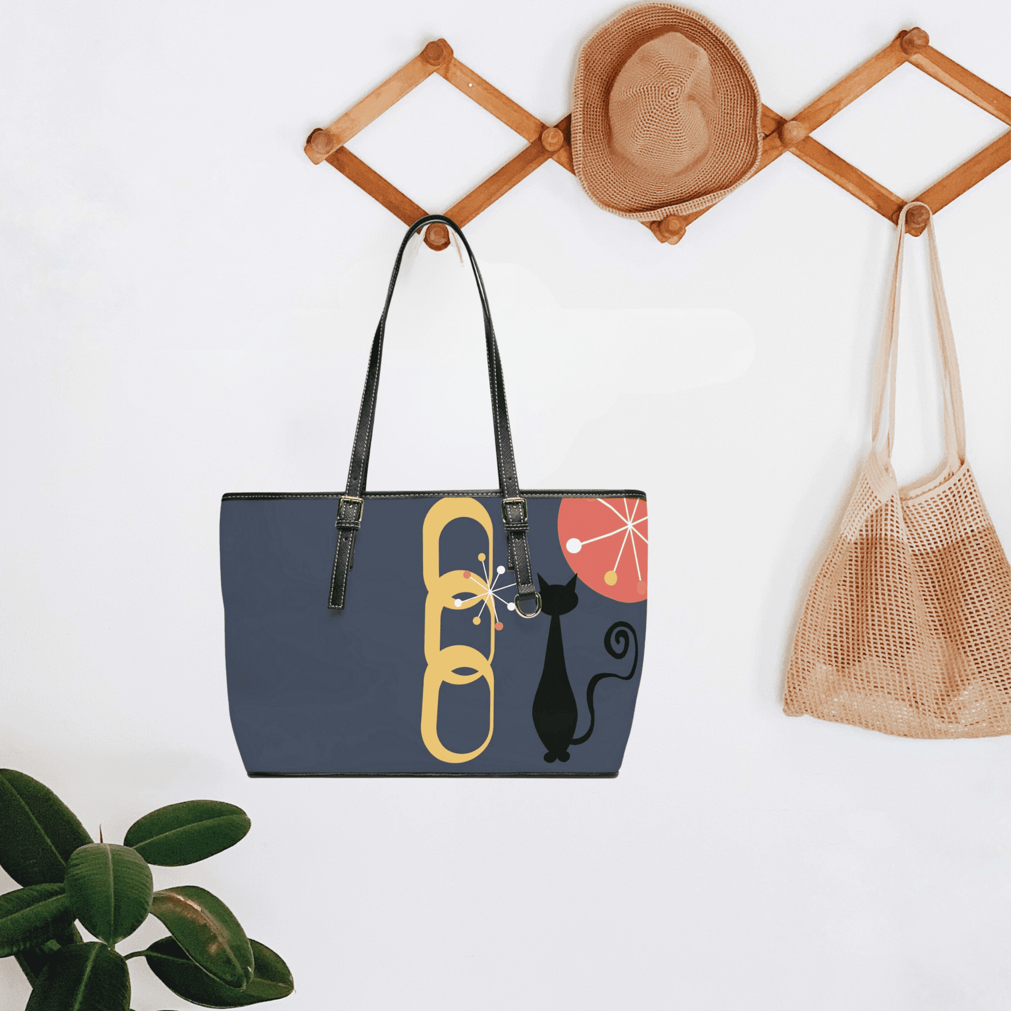 Atomic Cat, Midnight Blue, Mid Century Modern Style Leather Shoulder Bag Bags