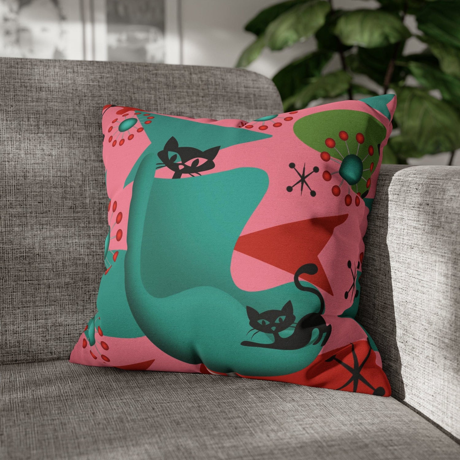 Atomic Cat Pillow Cover, Mid Century Design, Pink, Green, Aqua Kitsch Fun Atomic Era Pillow Case Home Decor