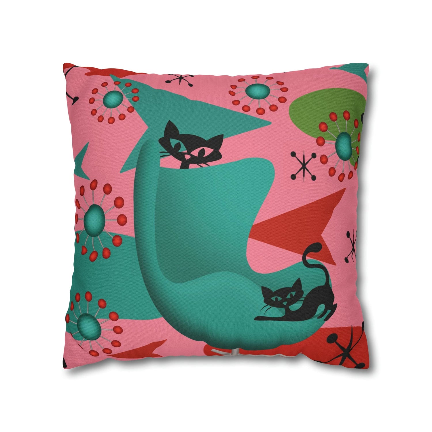 Atomic Cat Pillow Cover, Mid Century Design, Pink, Green, Aqua Kitsch Fun Atomic Era Pillow Case Home Decor