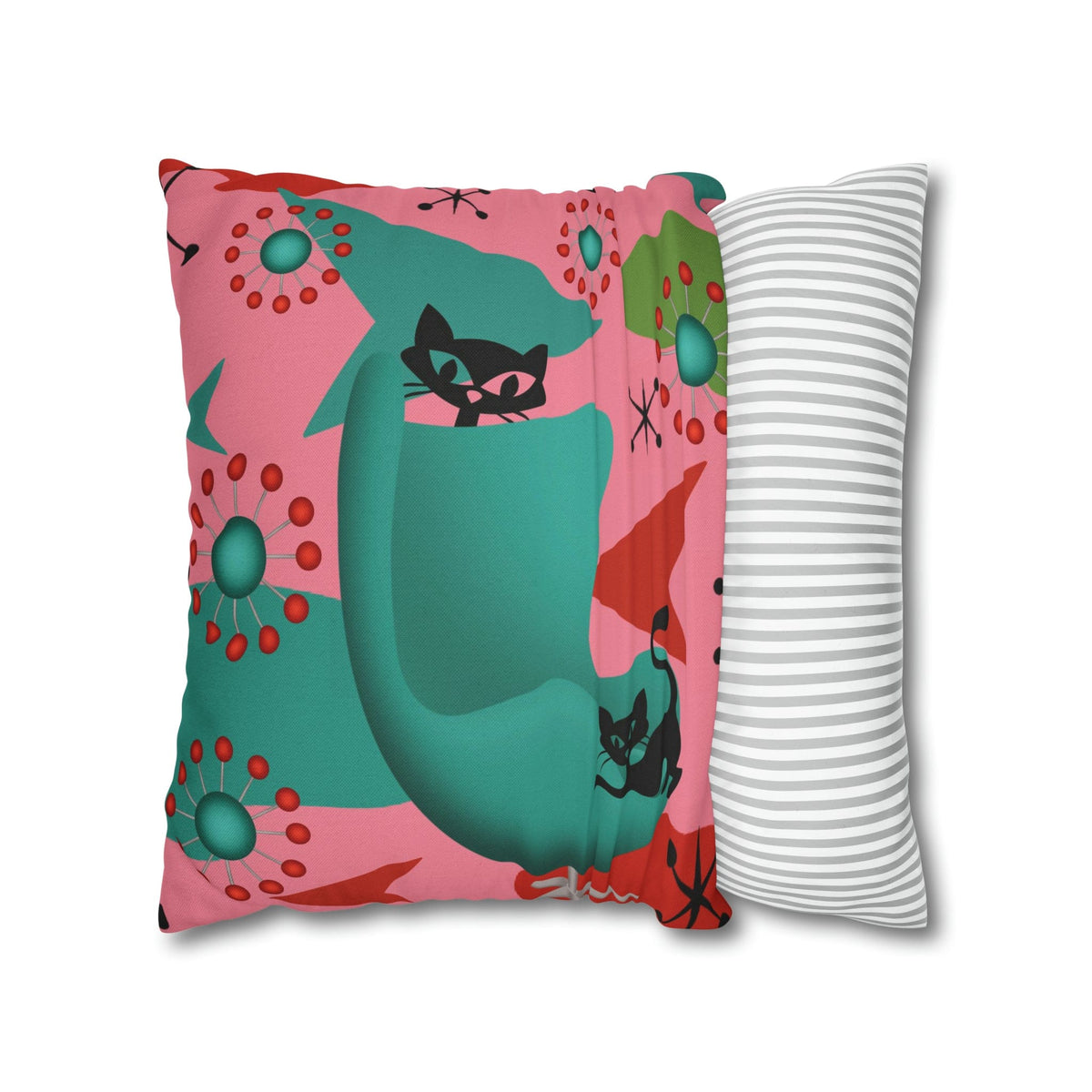 Atomic Cat Pillow Cover, Mid Century Design, Pink, Green, Aqua Kitsch Fun Atomic Era Pillow Case Home Decor