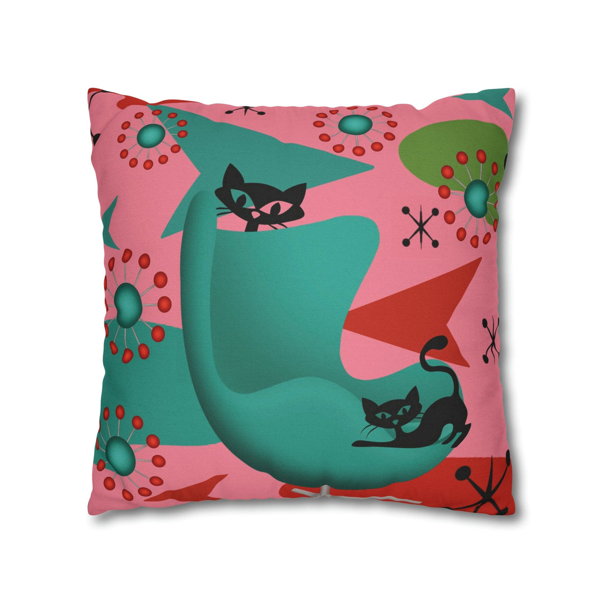Atomic Cat Pillow Cover, Mid Century Design, Pink, Green, Aqua Kitsch Fun Atomic Era Pillow Case Home Decor