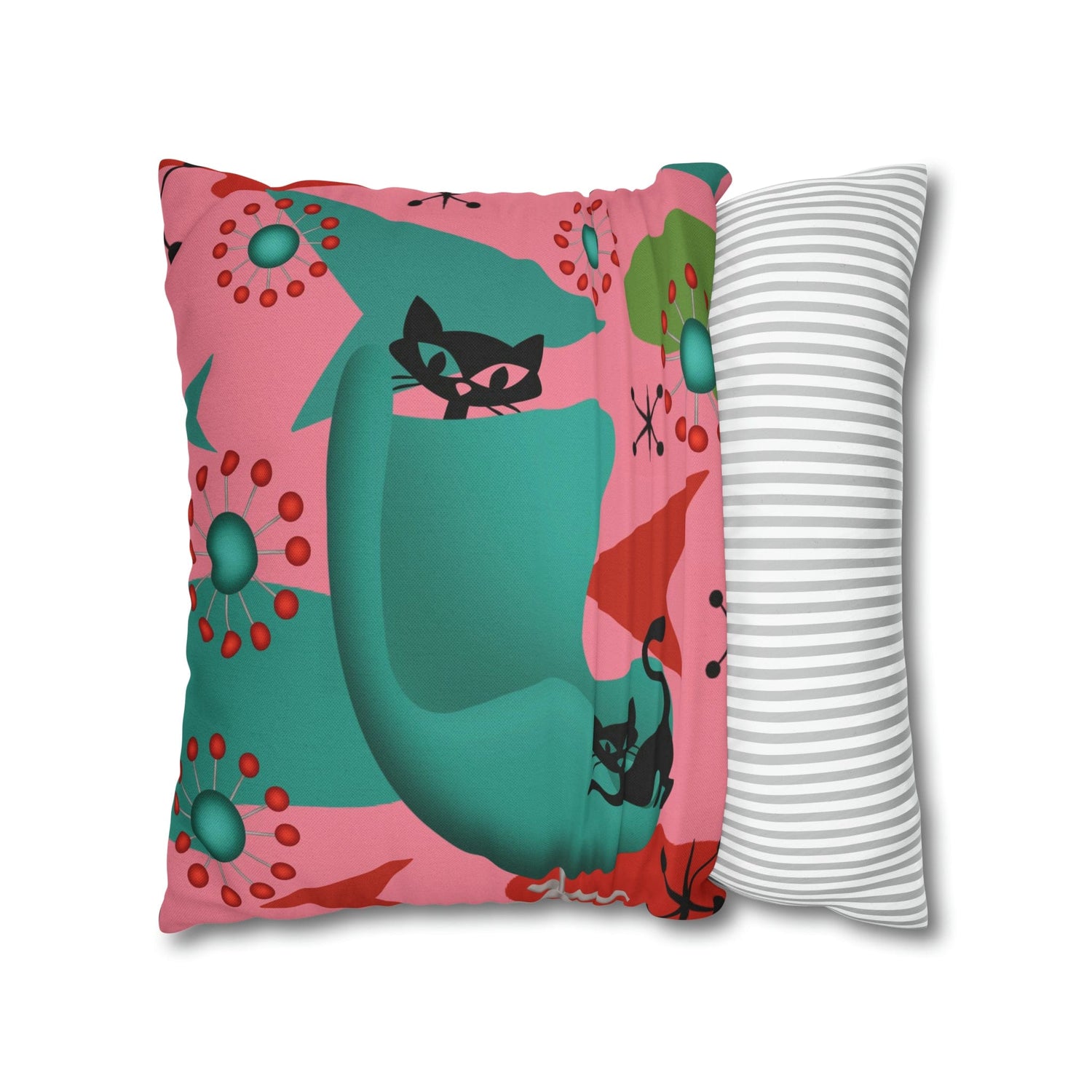 Atomic Cat Pillow Cover, Mid Century Design, Pink, Green, Aqua Kitsch Fun Atomic Era Pillow Case Home Decor