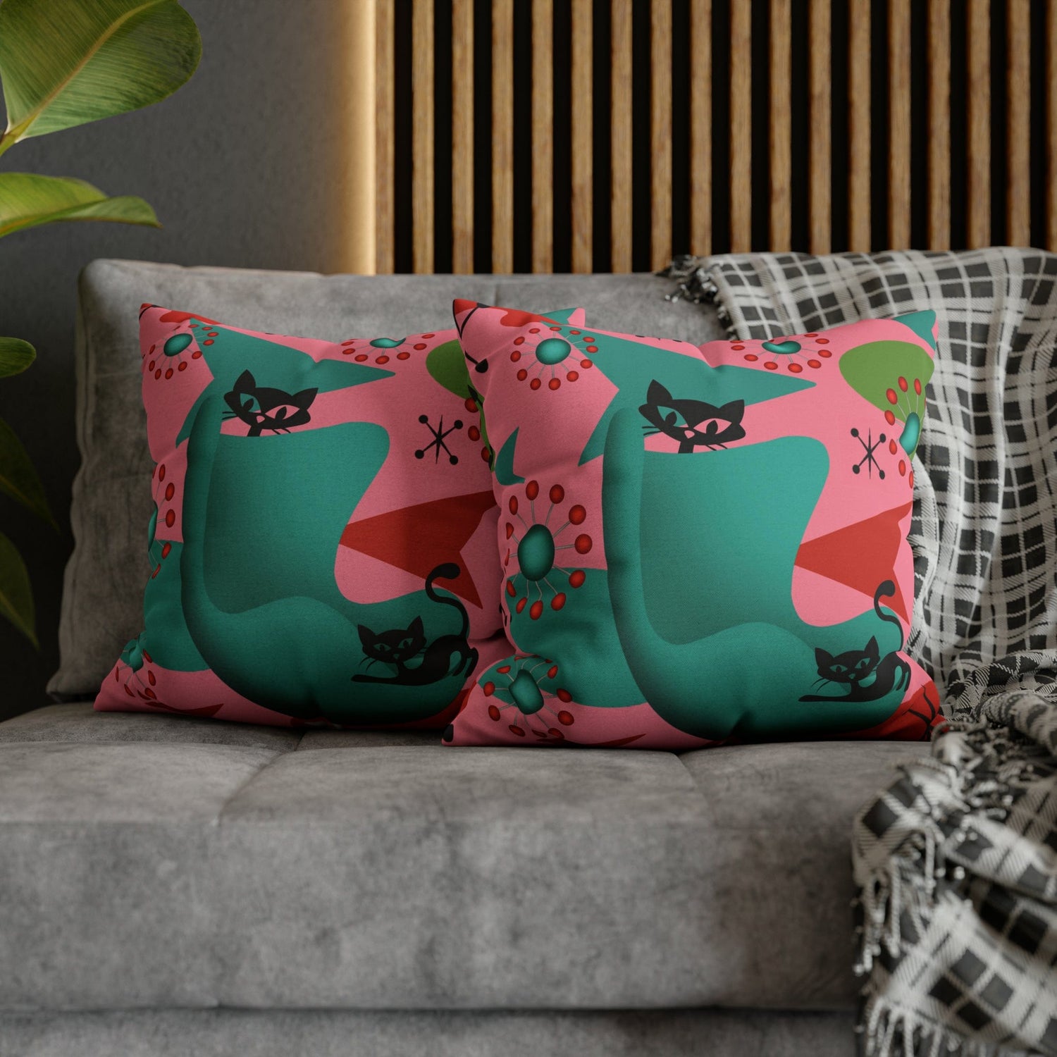Atomic Cat Pillow Cover, Mid Century Design, Pink, Green, Aqua Kitsch Fun Atomic Era Pillow Case Home Decor