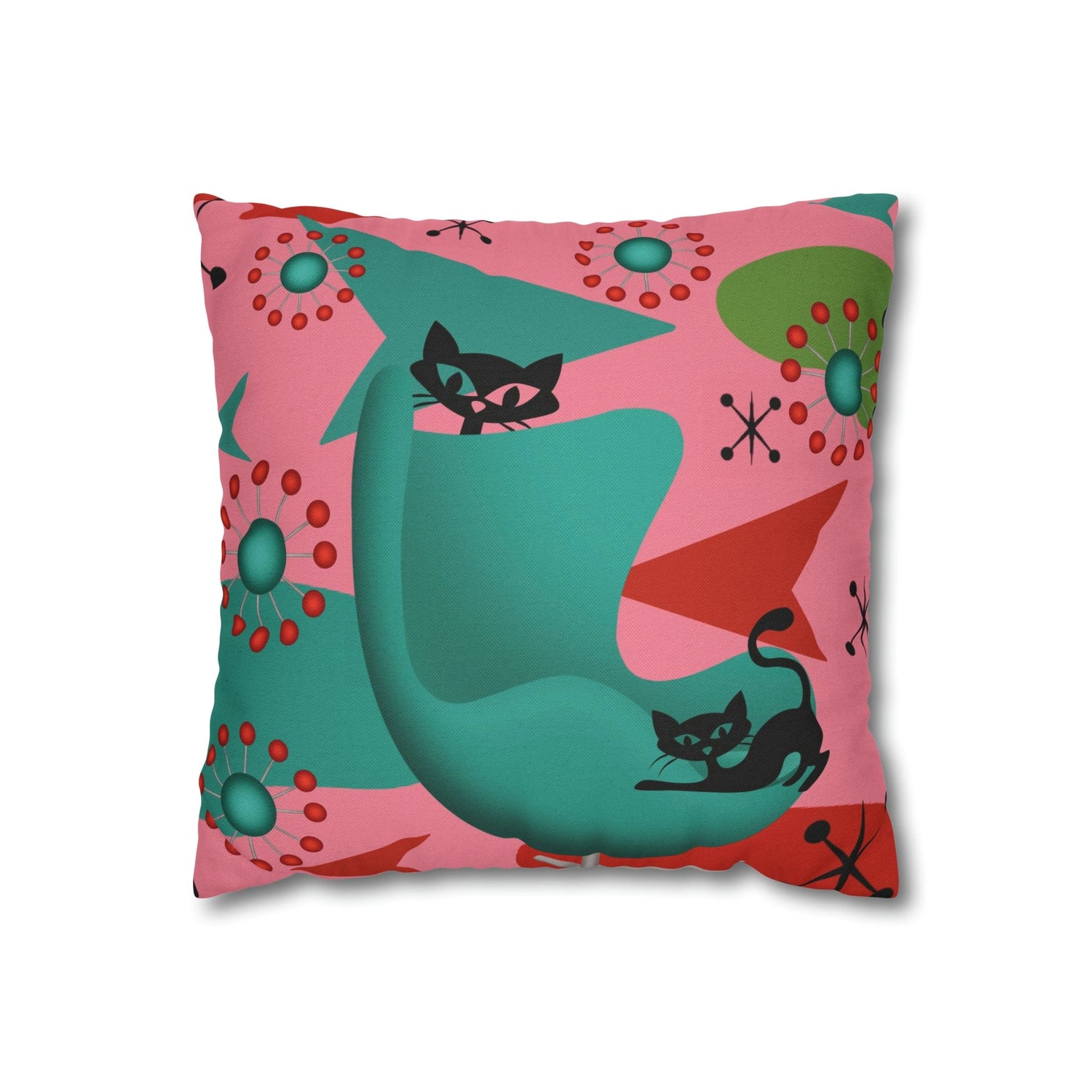 Atomic Cat Pillow Cover, Mid Century Design, Pink, Green, Aqua Kitsch Fun Atomic Era Pillow Case Home Decor