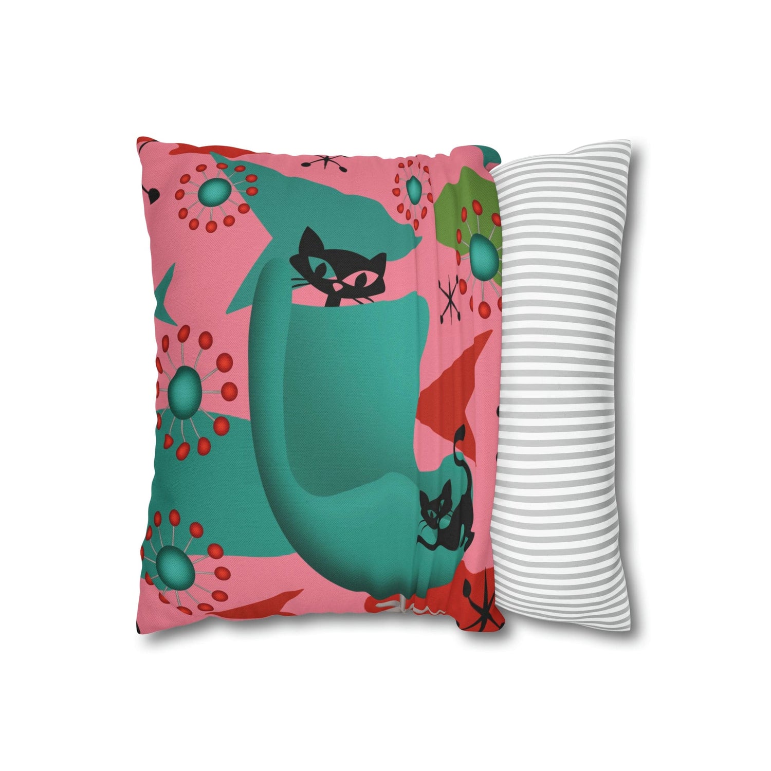 Atomic Cat Pillow Cover, Mid Century Design, Pink, Green, Aqua Kitsch Fun Atomic Era Pillow Case Home Decor
