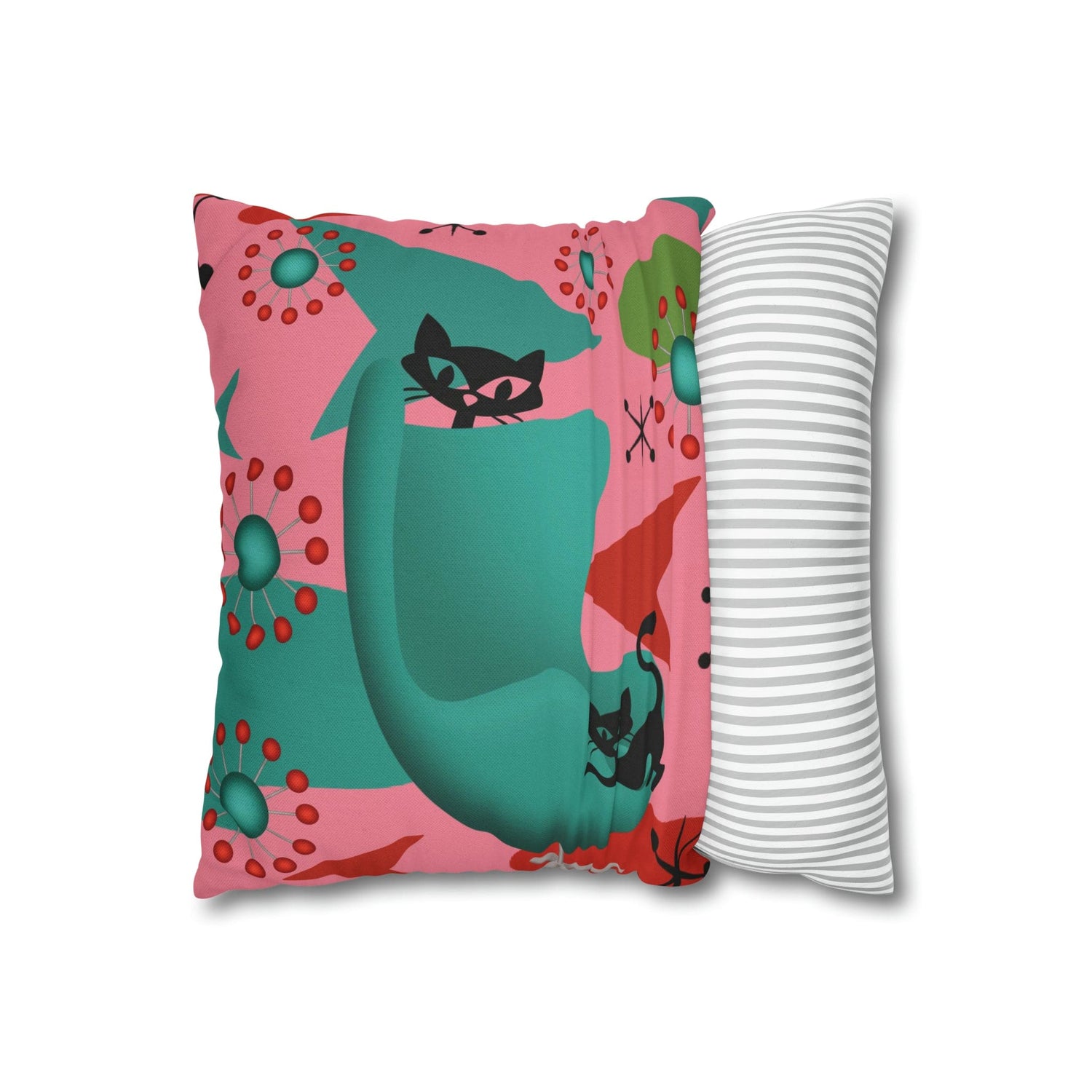 Atomic Cat Pillow Cover, Mid Century Design, Pink, Green, Aqua Kitsch Fun Atomic Era Pillow Case Home Decor