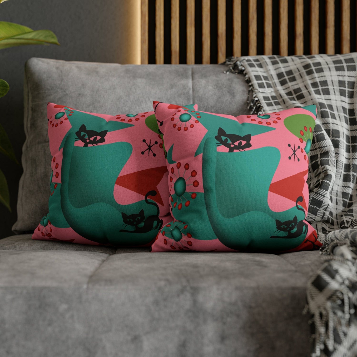 Atomic Cat Pillow Cover, Mid Century Design, Pink, Green, Aqua Kitsch Fun Atomic Era Pillow Case Home Decor