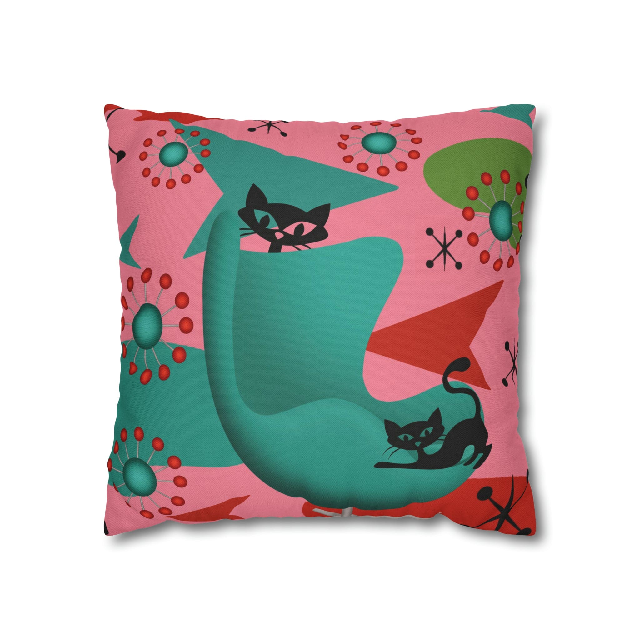 Atomic Cat Pillow Cover, Mid Century Design, Pink, Green, Aqua Kitsch Fun Atomic Era Pillow Case Home Decor