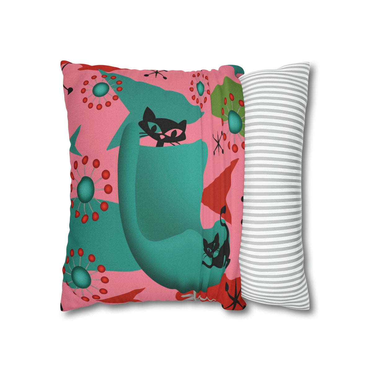 Atomic Cat Pillow Cover, Mid Century Design, Pink, Green, Aqua Kitsch Fun Atomic Era Pillow Case Home Decor