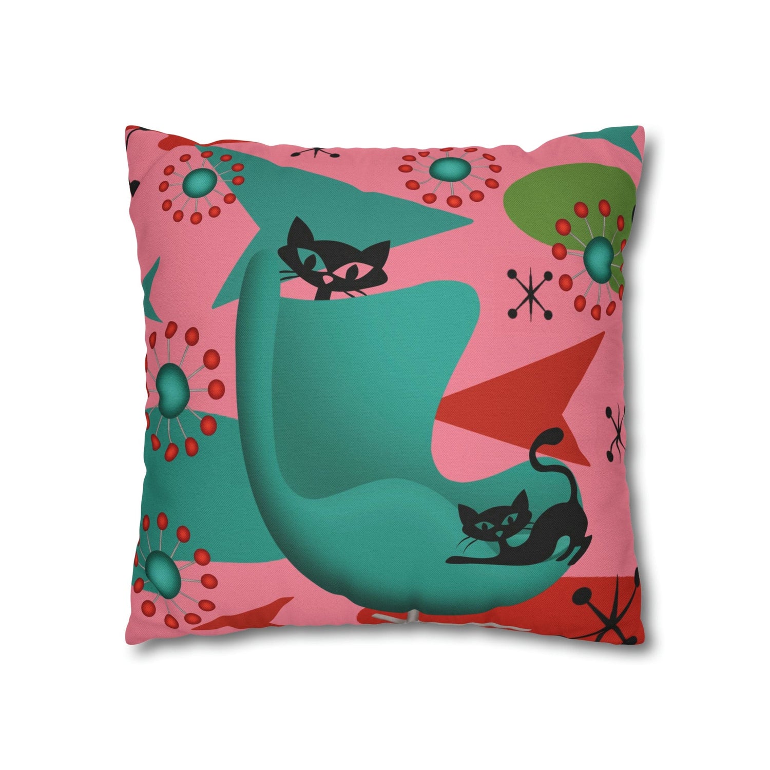 Atomic Cat Pillow Cover, Mid Century Design, Pink, Green, Aqua Kitsch Fun Atomic Era Pillow Case Home Decor