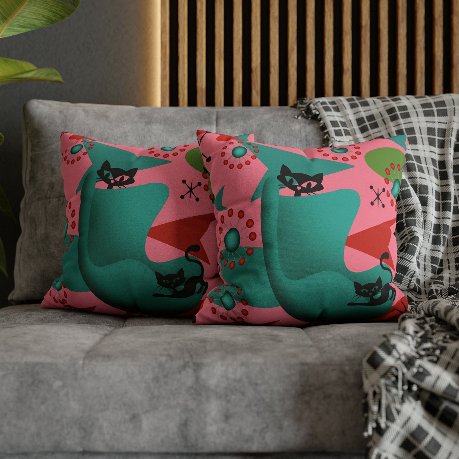 Atomic Cat Pillow Cover, Mid Century Design, Pink, Green, Aqua Kitsch Fun Atomic Era Pillow Case Home Decor