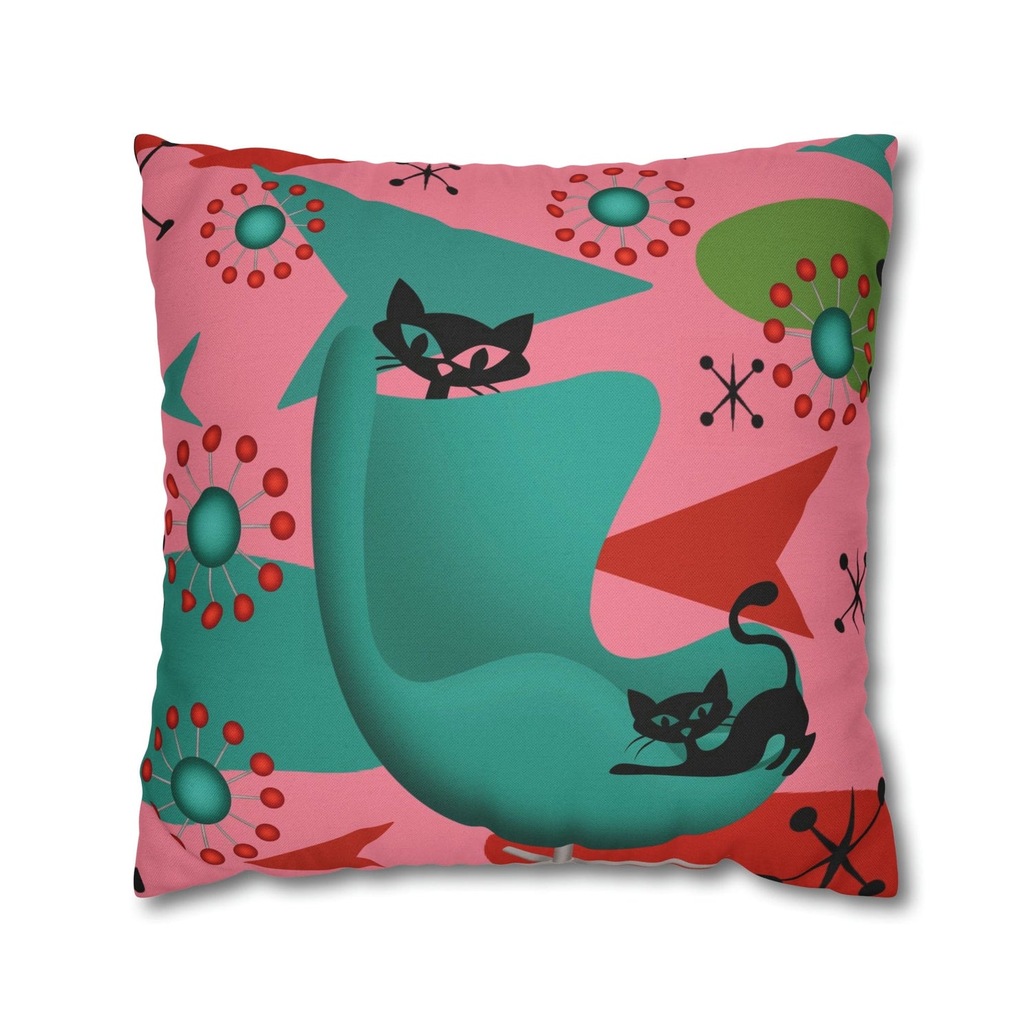 Atomic Cat Pillow Cover, Mid Century Design, Pink, Green, Aqua Kitsch Fun Atomic Era Pillow Case Home Decor