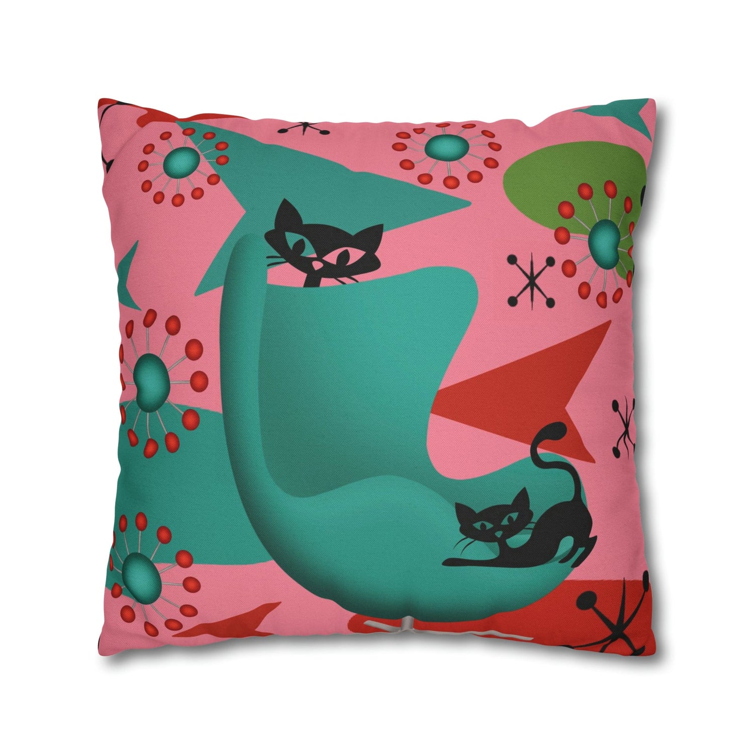 Atomic Cat Pillow Cover, Mid Century Design, Pink, Green, Aqua Kitsch Fun Atomic Era Pillow Case Home Decor