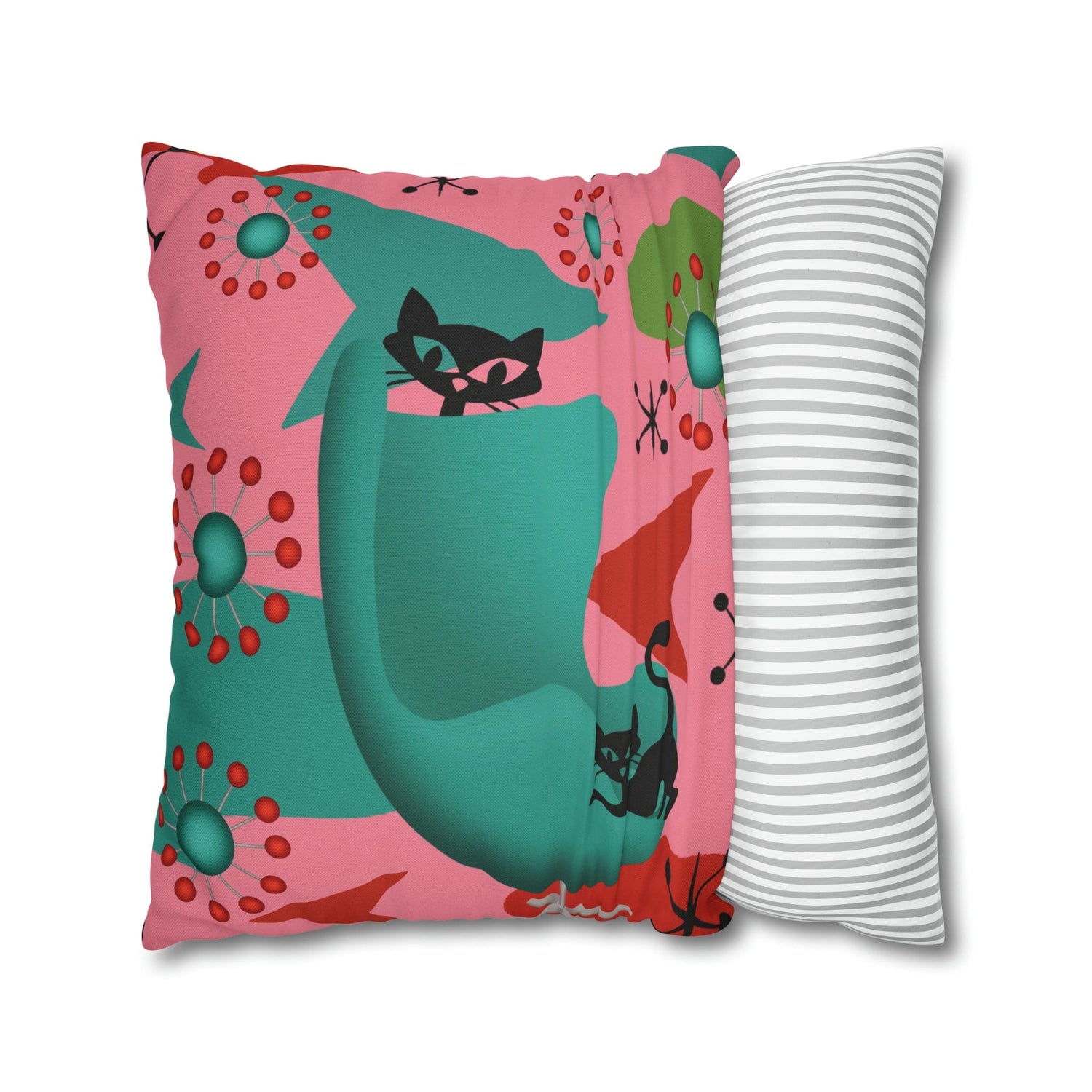 Atomic Cat Pillow Cover, Mid Century Design, Pink, Green, Aqua Kitsch Fun Atomic Era Pillow Case Home Decor