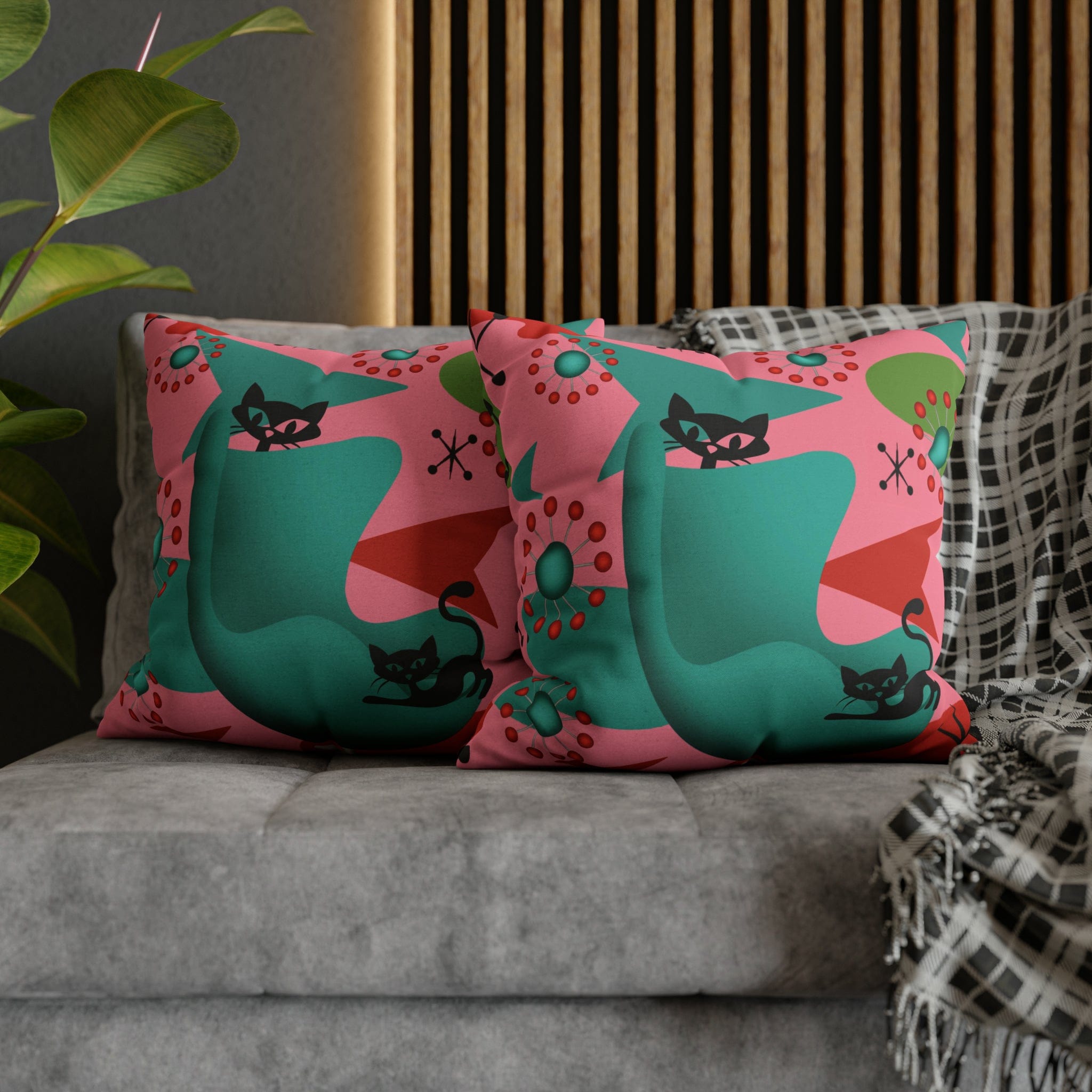 Atomic Cat Pillow Cover, Mid Century Design, Pink, Green, Aqua Kitsch Fun Atomic Era Pillow Case Home Decor