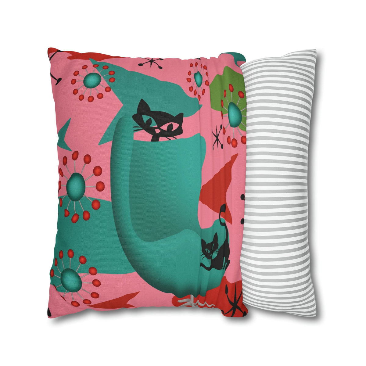 Atomic Cat Pillow Cover, Mid Century Design, Pink, Green, Aqua Kitsch Fun Atomic Era Pillow Case Home Decor