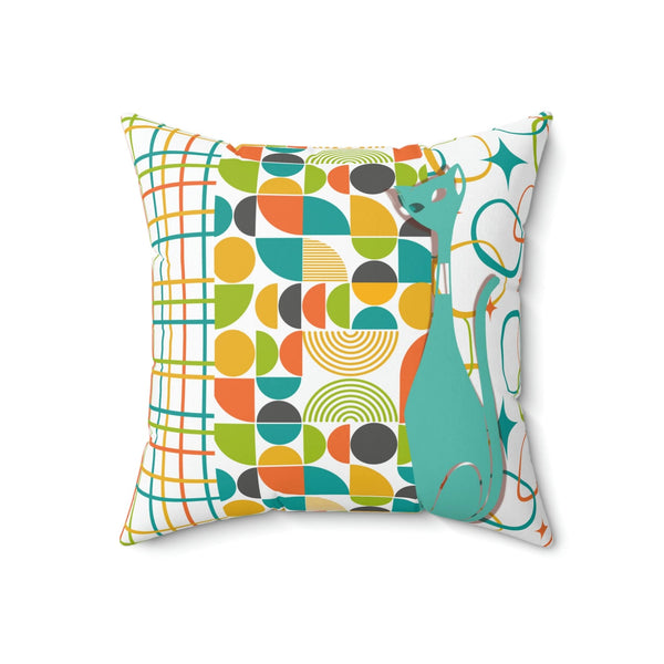 Atomic Cat Pillow, Mid Century Modern, White, Aqua, Orange, Yellow, FUN, Funky, Geometric, Retro Home Decor Pillow And Insert