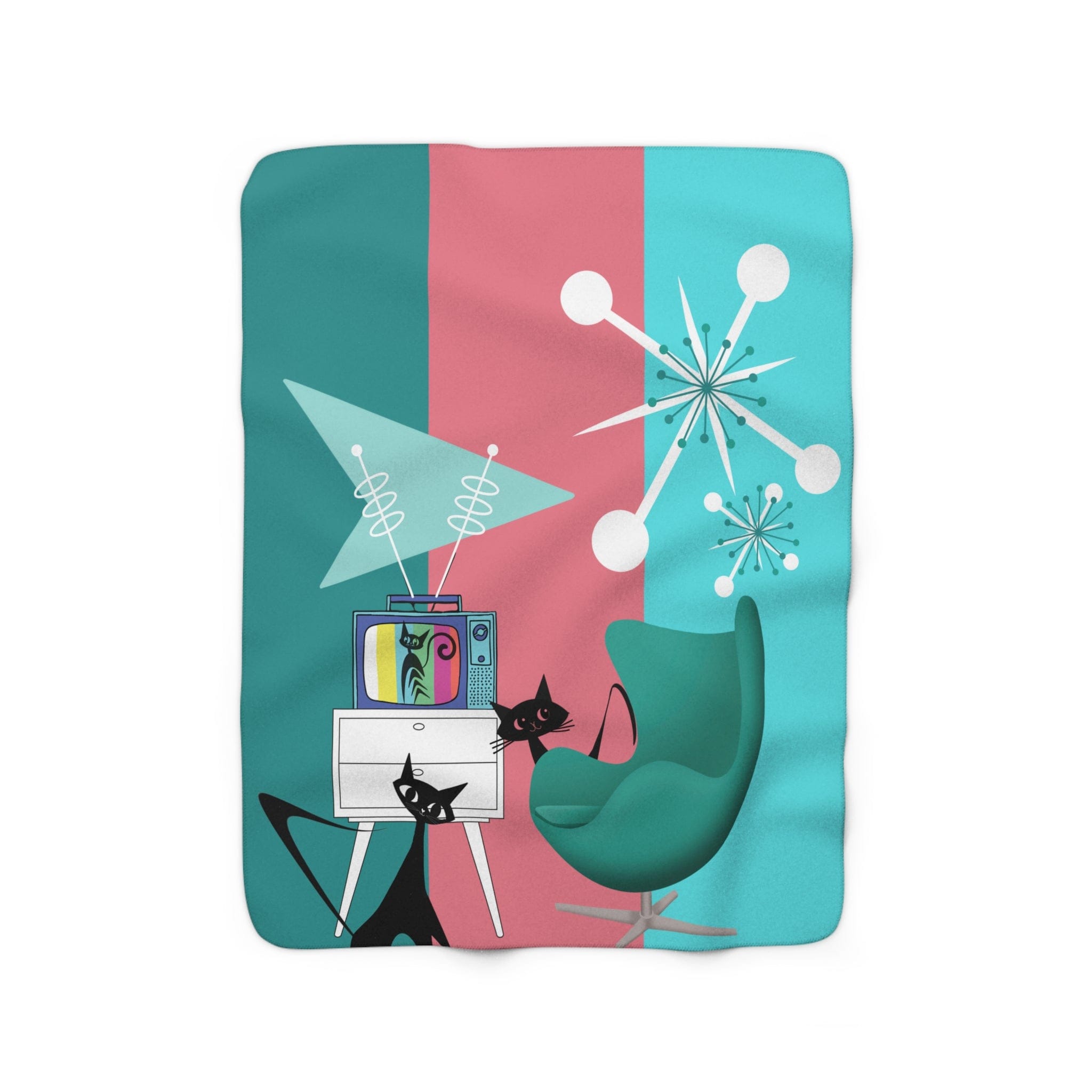 Atomic Cat, Retro Colored TV, Space Age Cats, Pink, Aqua, Teal Mid Century Modern Starbursts, Design by Mid Century Modern Gal Blanket Home Decor