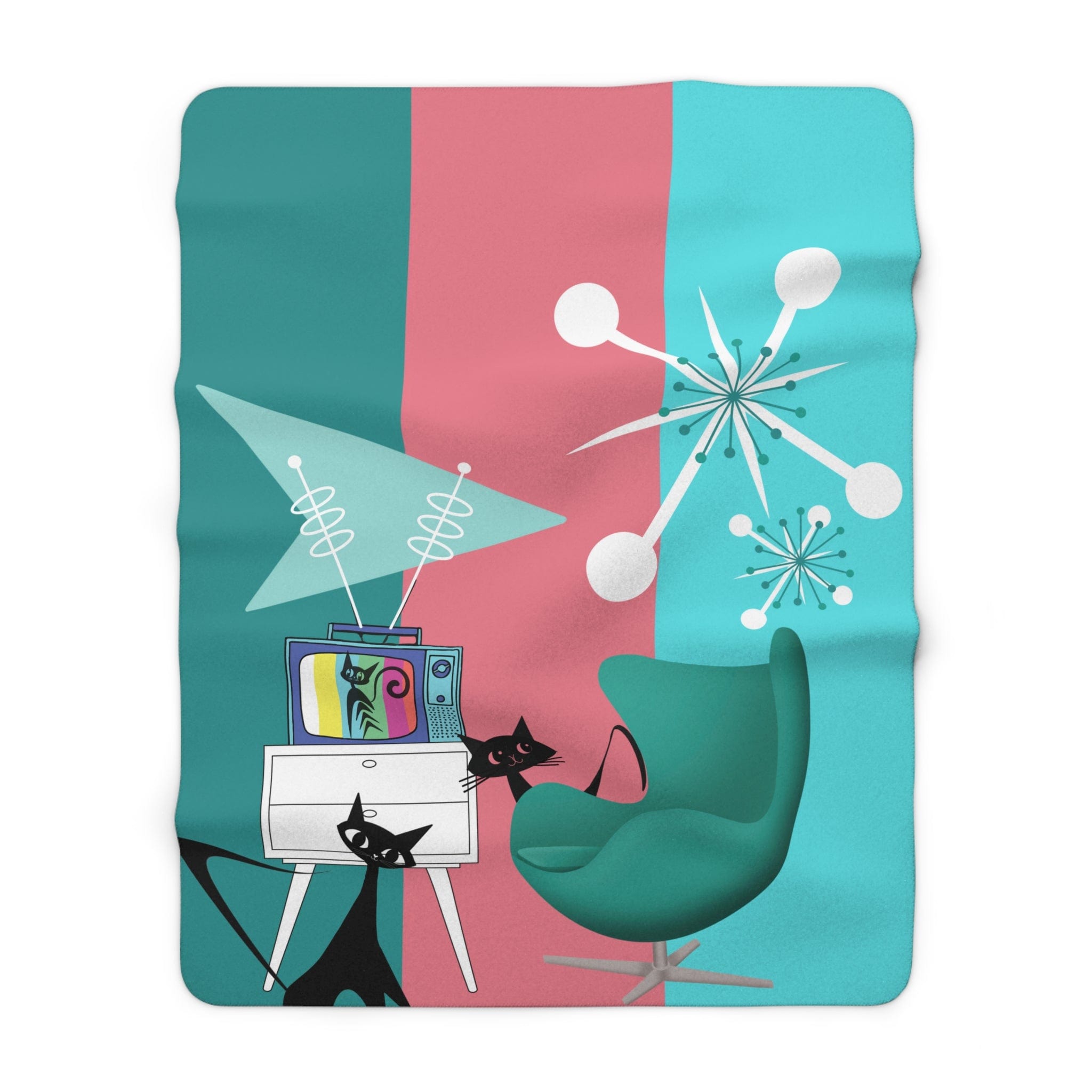 Atomic Cat, Retro Colored TV, Space Age Cats, Pink, Aqua, Teal Mid Century Modern Starbursts, Design by Mid Century Modern Gal Blanket Home Decor