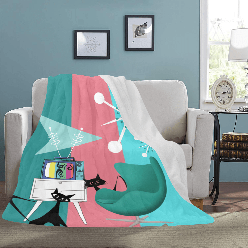 Atomic Cat, Retro Colored TV, Space Age Cats, Pink, Aqua, Teal Mid Century Modern Starbursts, Design by Mid Century Modern Gal Blanket Home Decor