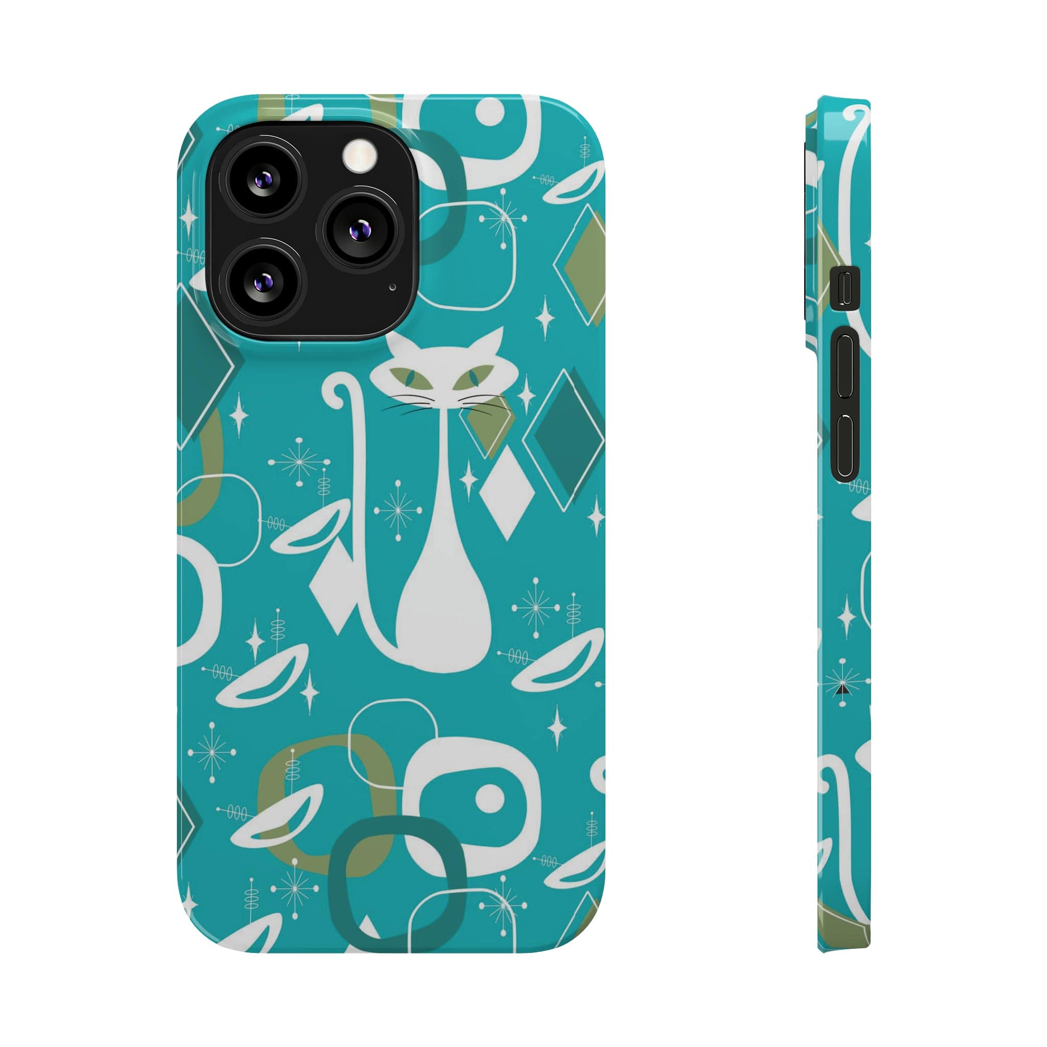 Atomic Cat Space Designs, Mid Century Modern, Aqua, White Kitschy Cat, Smart Phones New iPhone15 Model, Slim Phone Cases Phone Case