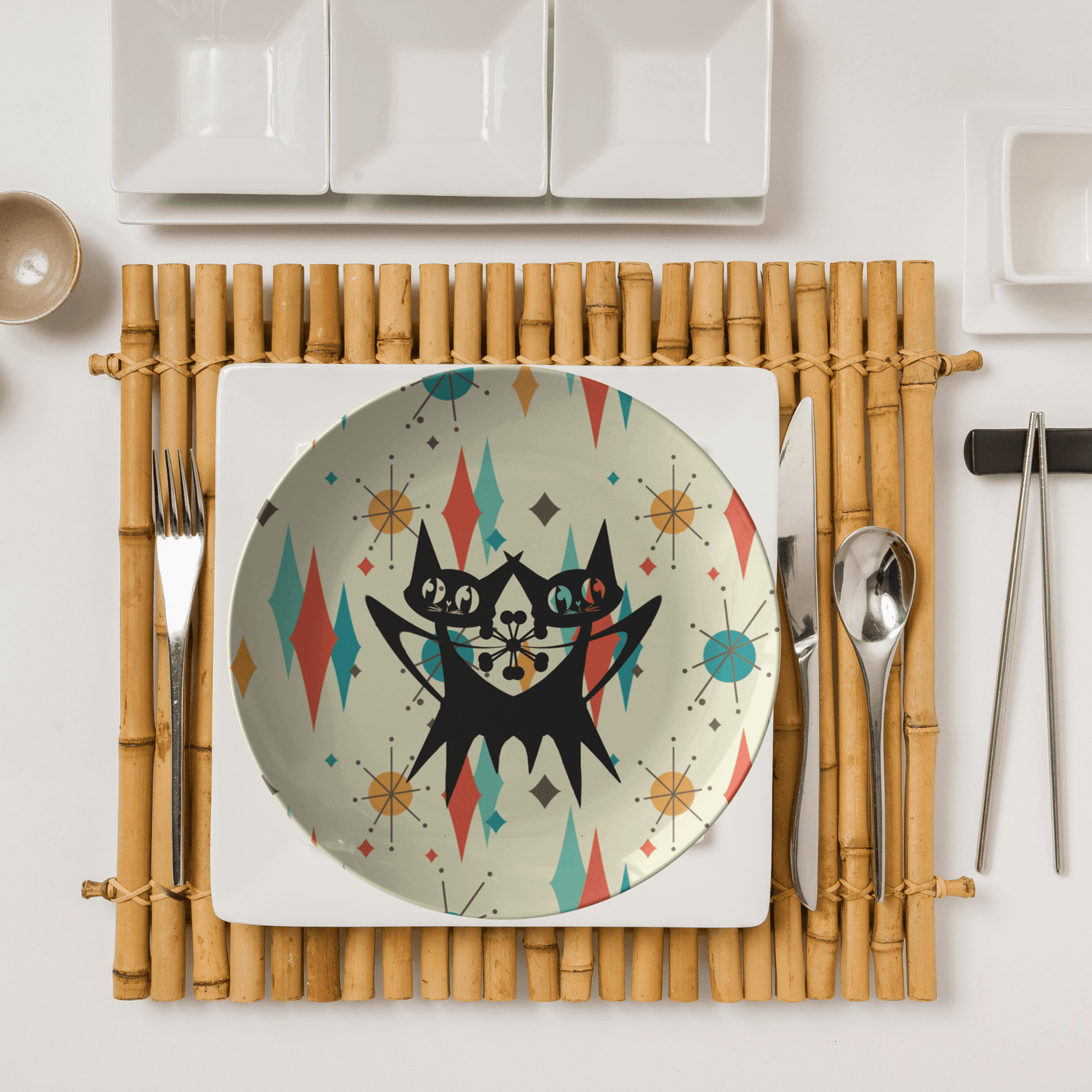 Atomic Cats, Kitschy Retro Kitchenware, Mid Century Modern Dinner Plates Kitchenware