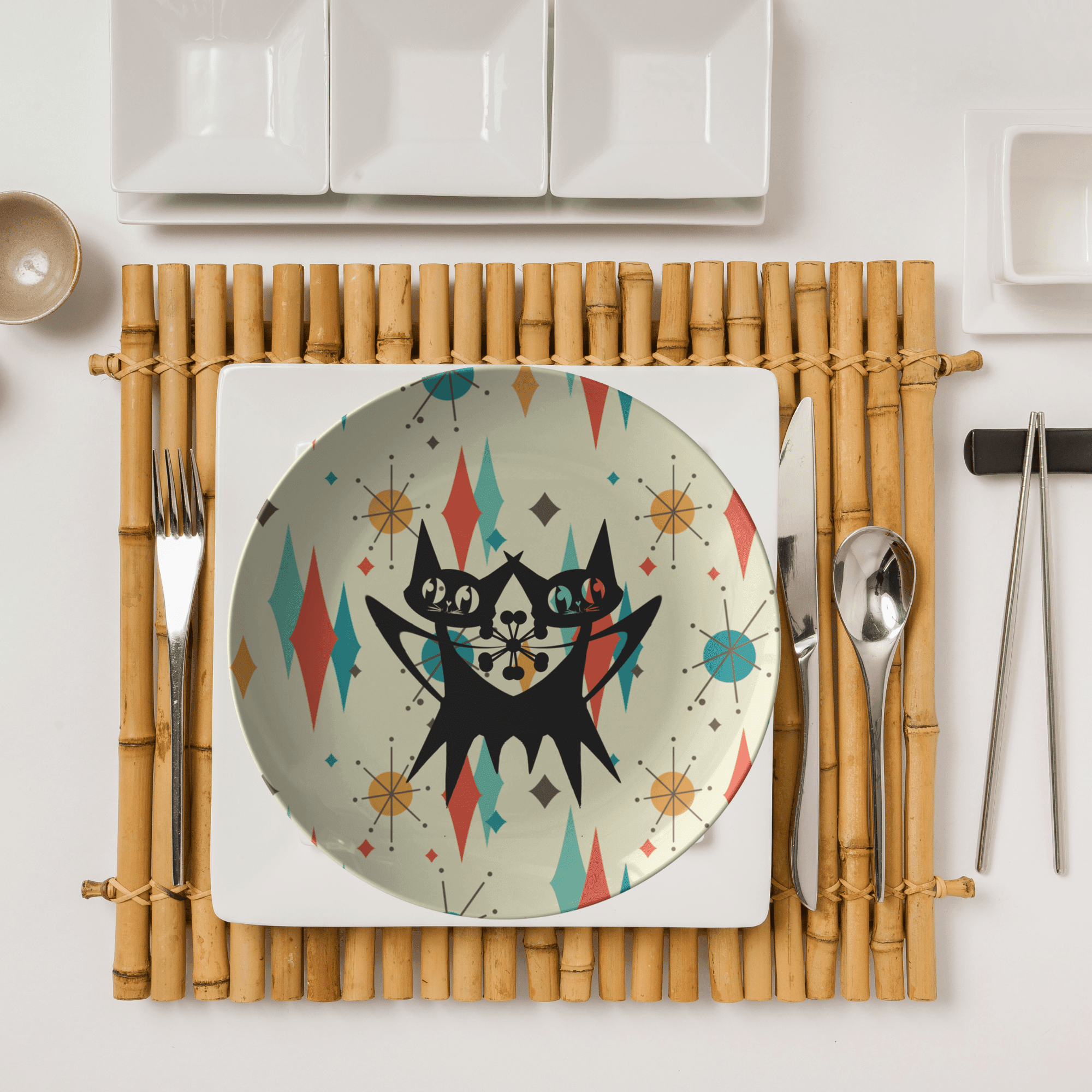 Atomic Cats, Kitschy Retro Kitchenware, Mid Century Modern Dinner Plates Kitchenware