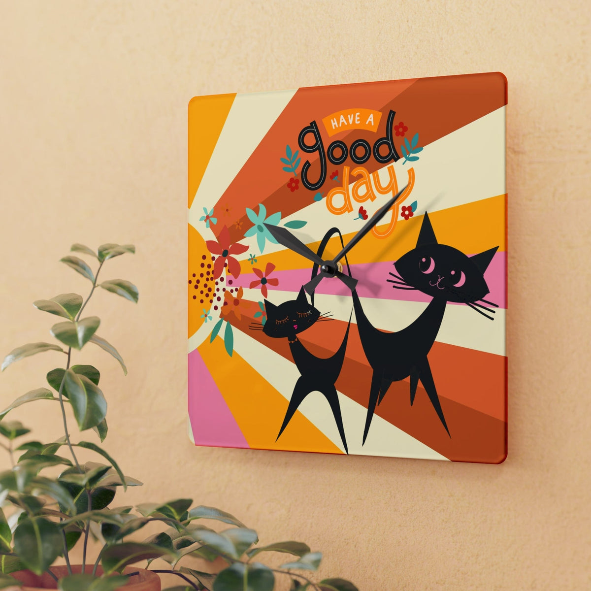 Atomic Cats, Retro Groovy 70's Have A Good, Floral, Groovy Acrylic Wall Clock Home Decor