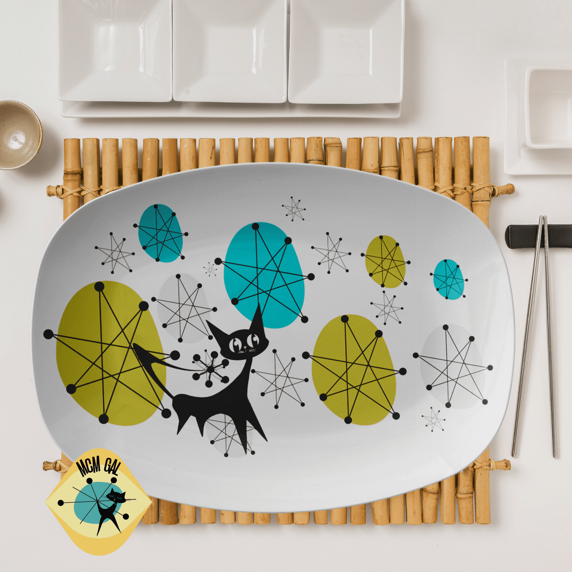 Atomic Fransican Starburst Pattern, Kitschy Cat, Mid Century Modern Dinnerware, Retro Party Platter Kitchenware