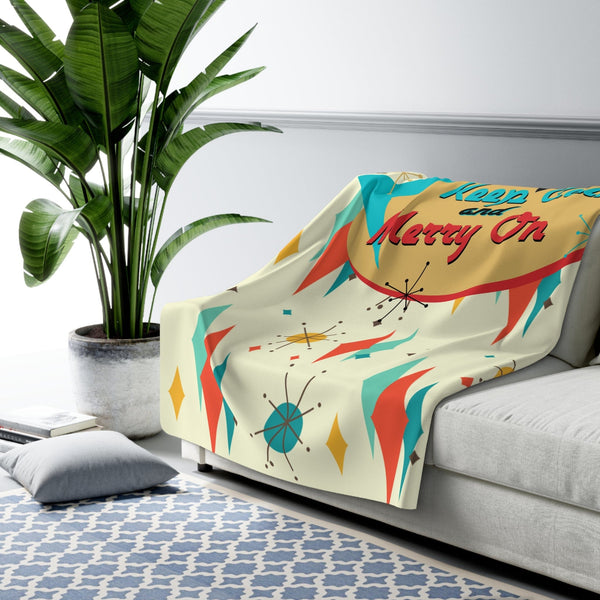 Atomic Holiday, Mid Century Modern Franciscan Atomic Cat, Cute Kitsch, Keep Calm And Merry On Sherpa Fleece Blanket
