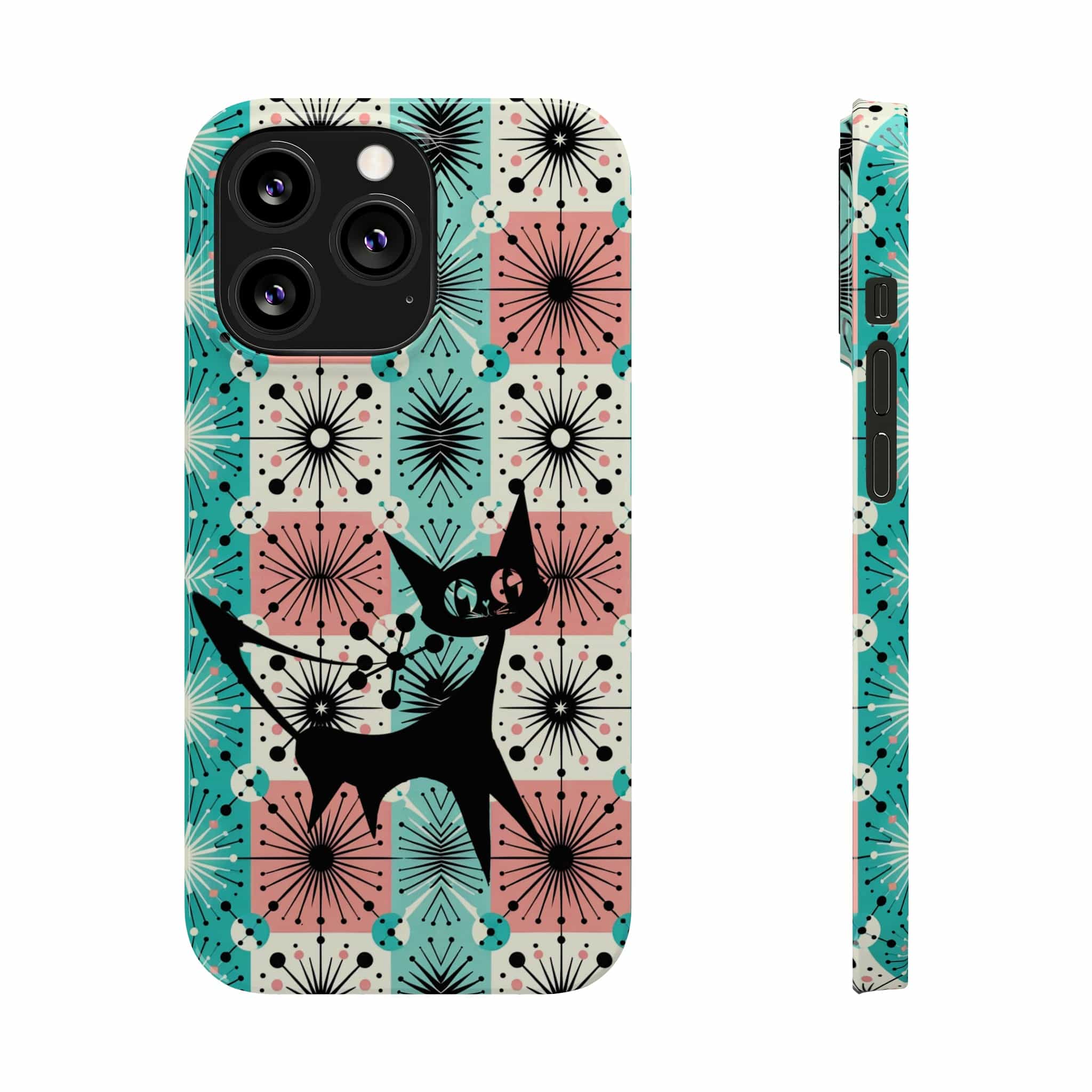 Atomic Kitschy Cat, Mid Century Modern Pink, Aqua Starbursts, iPhone 15 And More Slim Phone Cases Phone Case