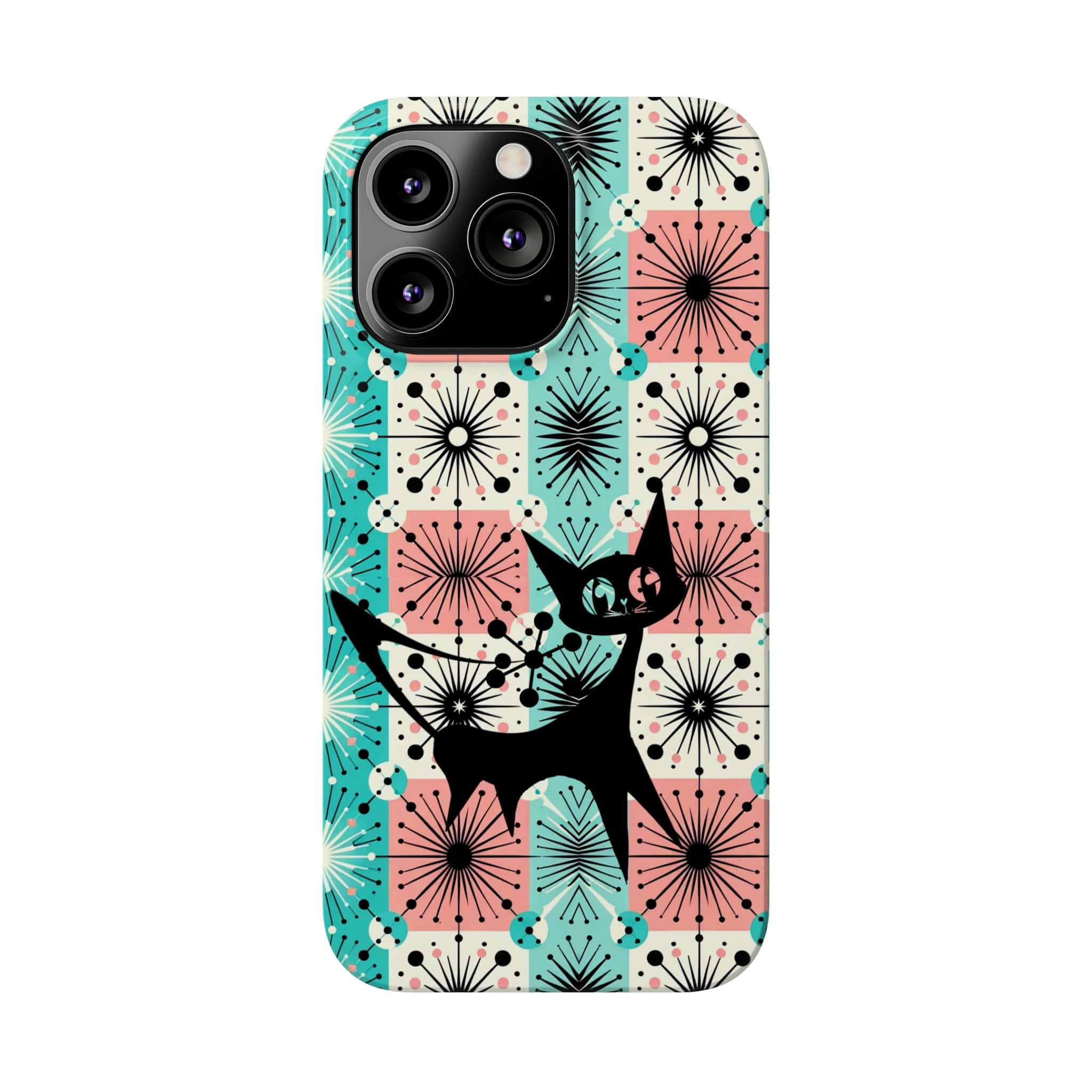 Atomic Kitschy Cat, Mid Century Modern Pink, Aqua Starbursts, iPhone 15 And More Slim Phone Cases Phone Case