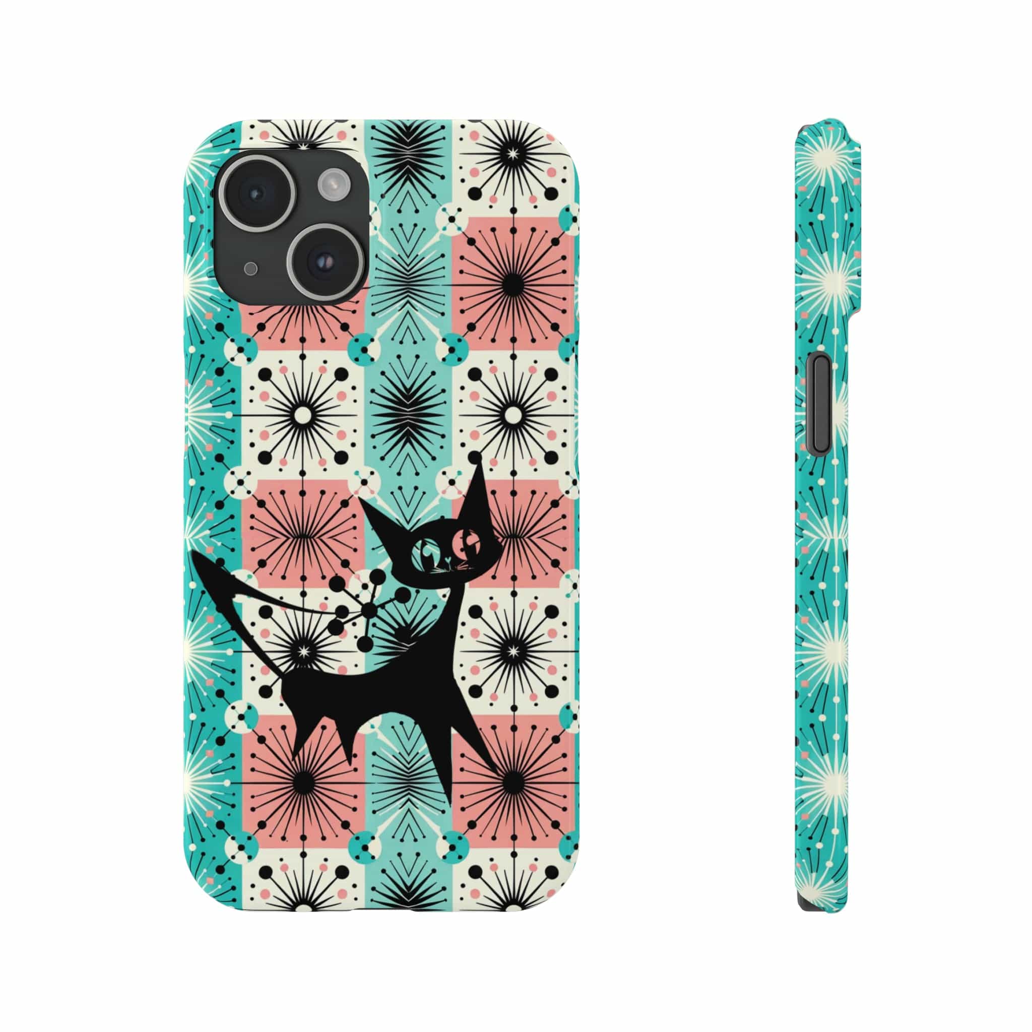 Atomic Kitschy Cat, Mid Century Modern Pink, Aqua Starbursts, iPhone 15 And More Slim Phone Cases Phone Case