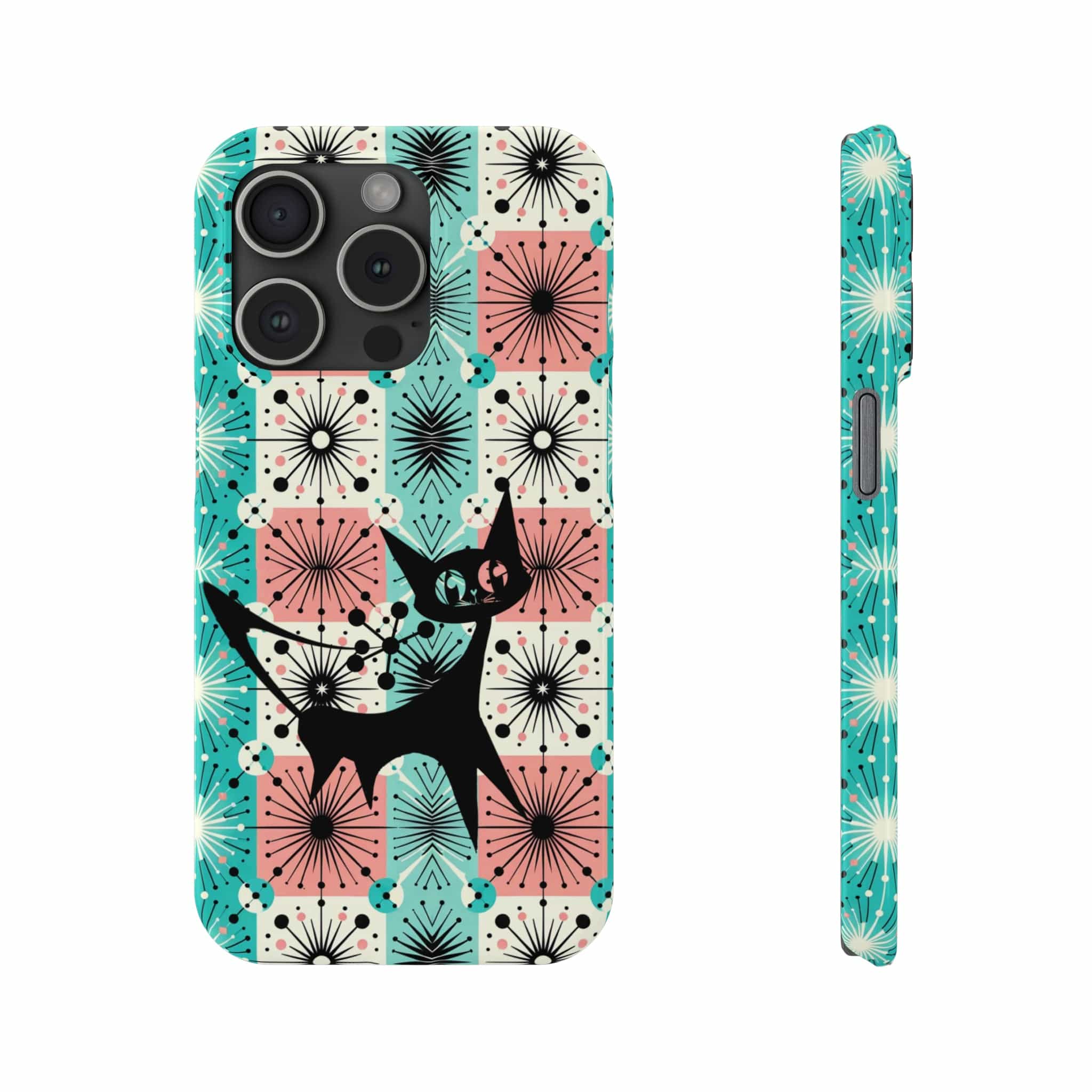 Atomic Kitschy Cat, Mid Century Modern Pink, Aqua Starbursts, iPhone 15 And More Slim Phone Cases Phone Case